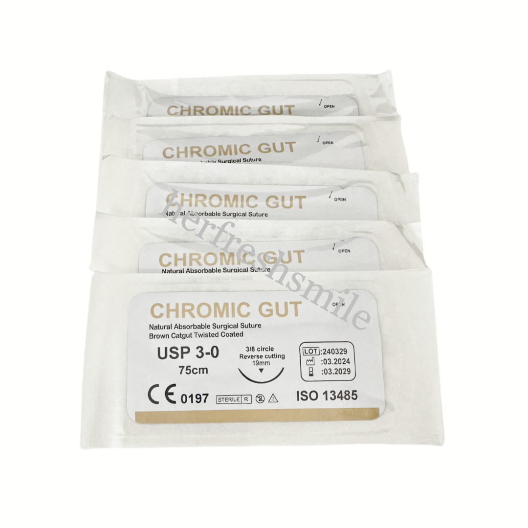 Dental Absorbable Surgical Suture Brown CHROMIC GUT 3-0 75cm 3/8 Reverse Cutting