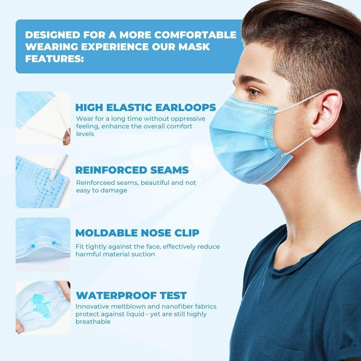 50 / 100 PCS Comfort Soft Blue Face Mask Mouth & Nose Protector Respirator Masks