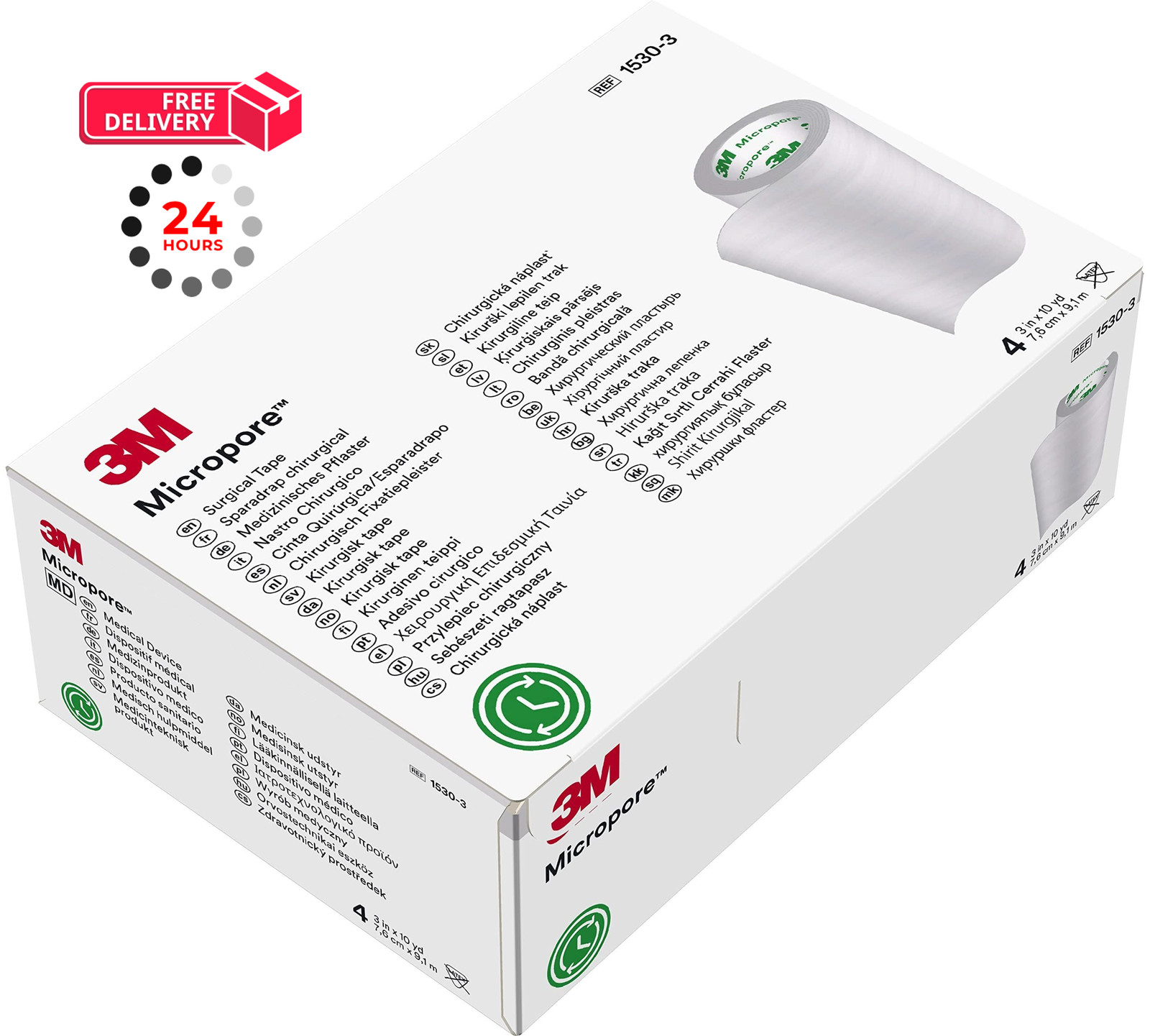 3M™ Micropore™ Surgical Tape 1530-3, 3 inch x 10 1 Count (Pack of 4), White