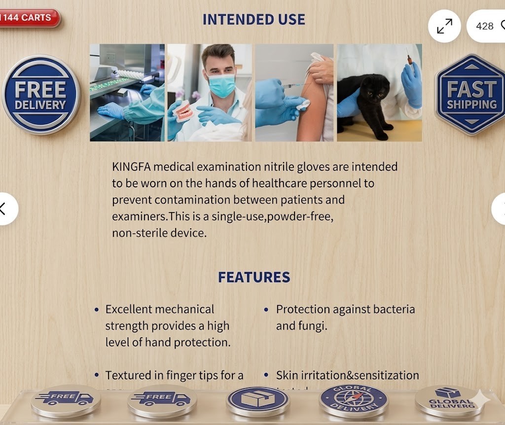Kingfa Blue Nitrile Medical Gloves Powder & Latex Free Disposable 3 mil