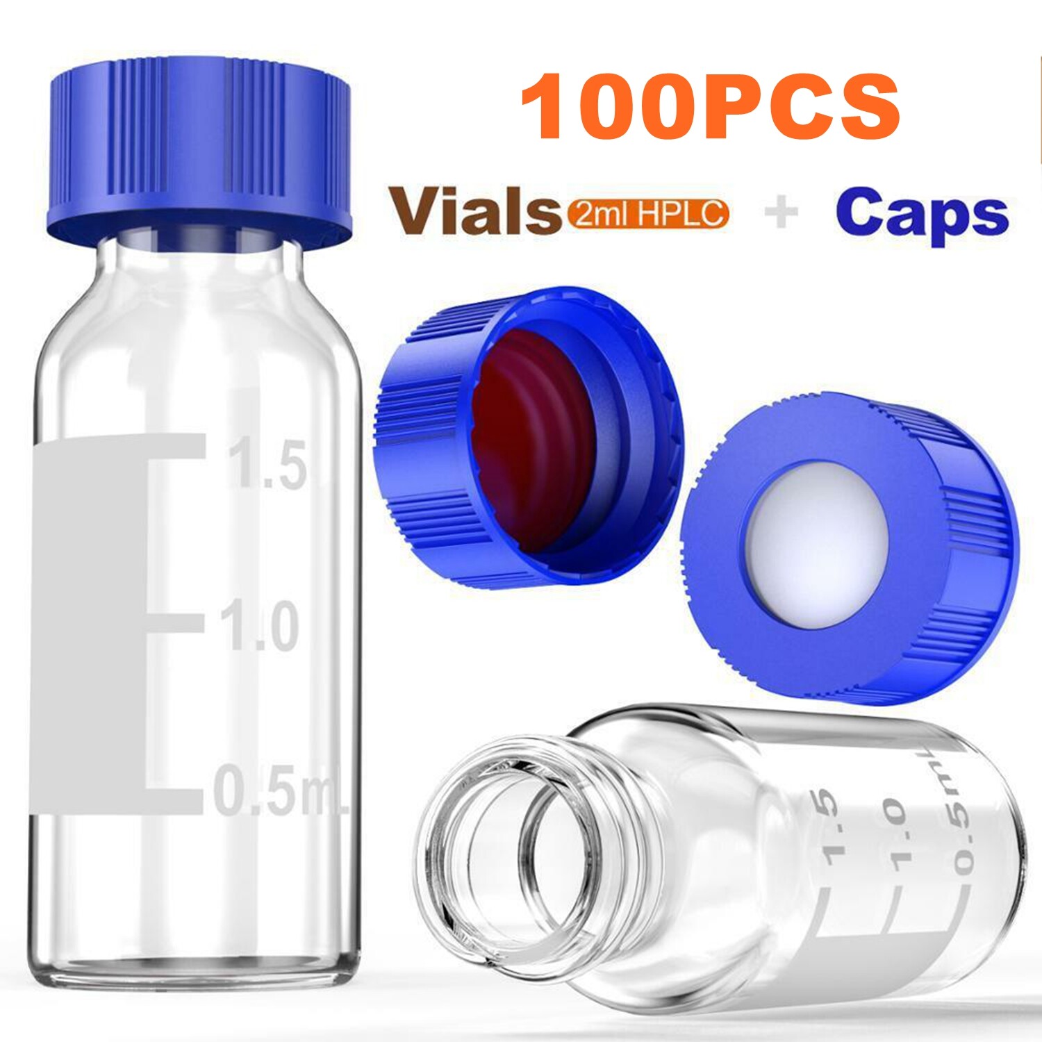 100PCS 2ml 9-425 HPLC Autosampler Vials Glass Bottles and 9mm Screw Caps & Septa