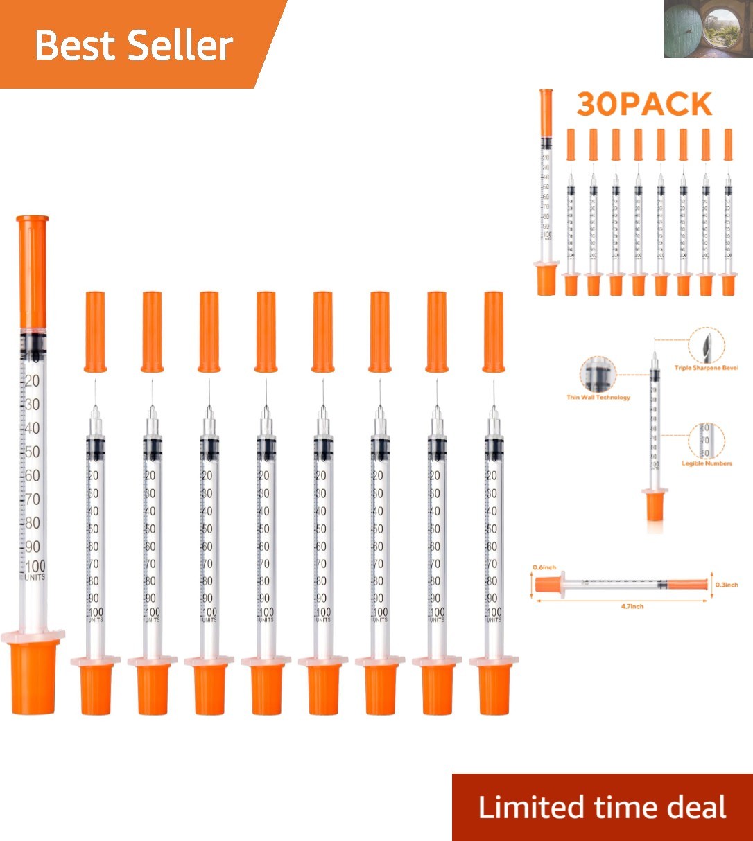 30 Count Sterile Disposable U-100 Syringes, 30G 1ml, Individually Wrapped