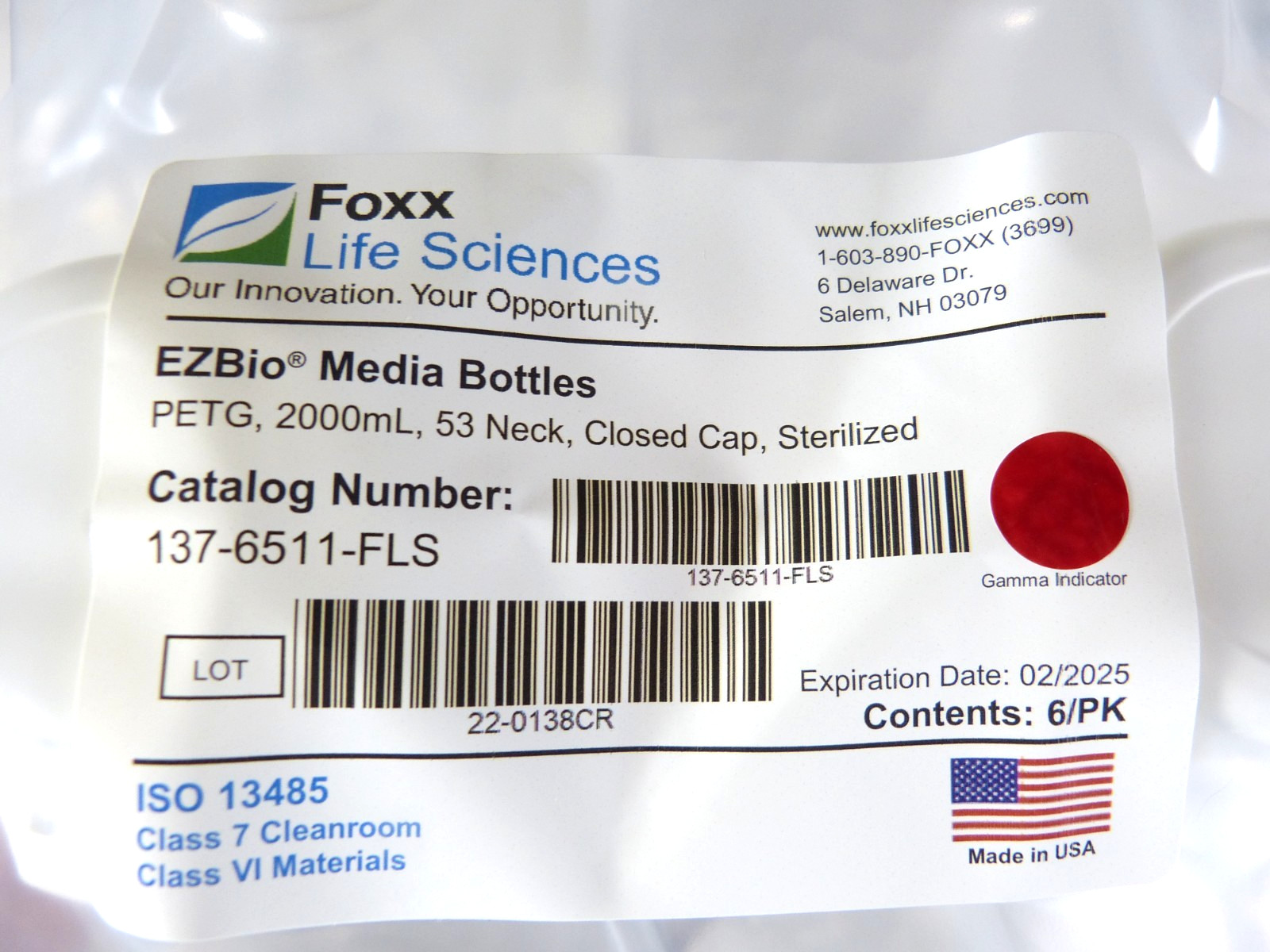 Foxx Life Sciences 137-6511-FLS, 2L (2000mL) sterile, square PETG media bottle