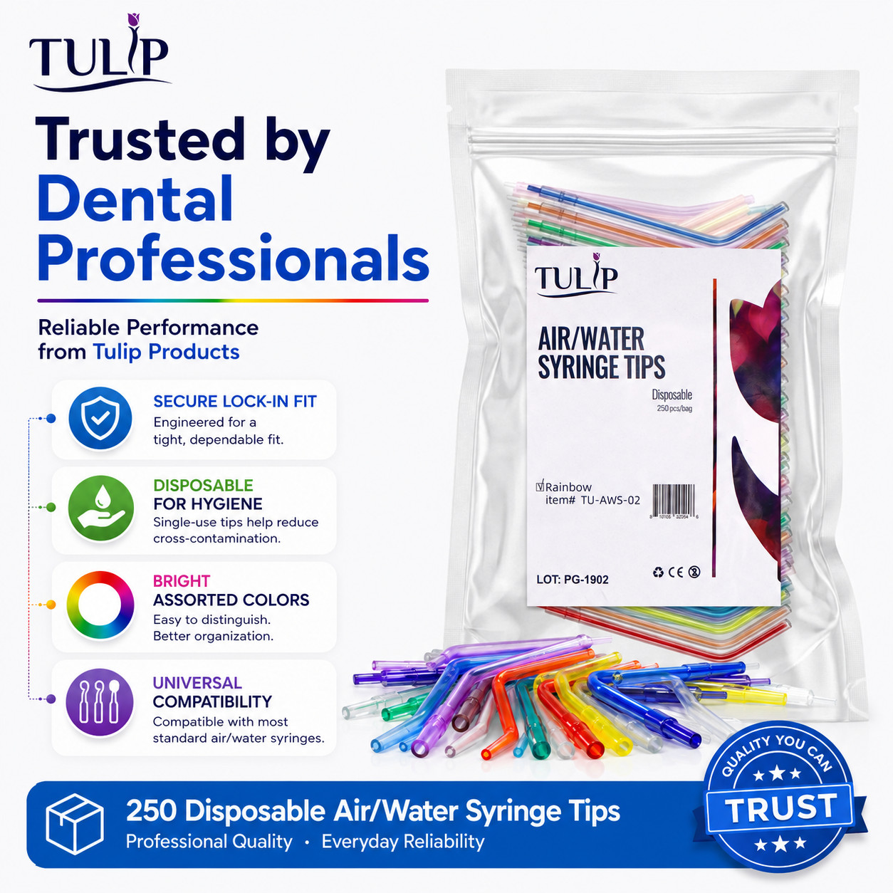 250 Disposable Dental Air Water Syringe Tips Rainbow Color Coded by Tulip