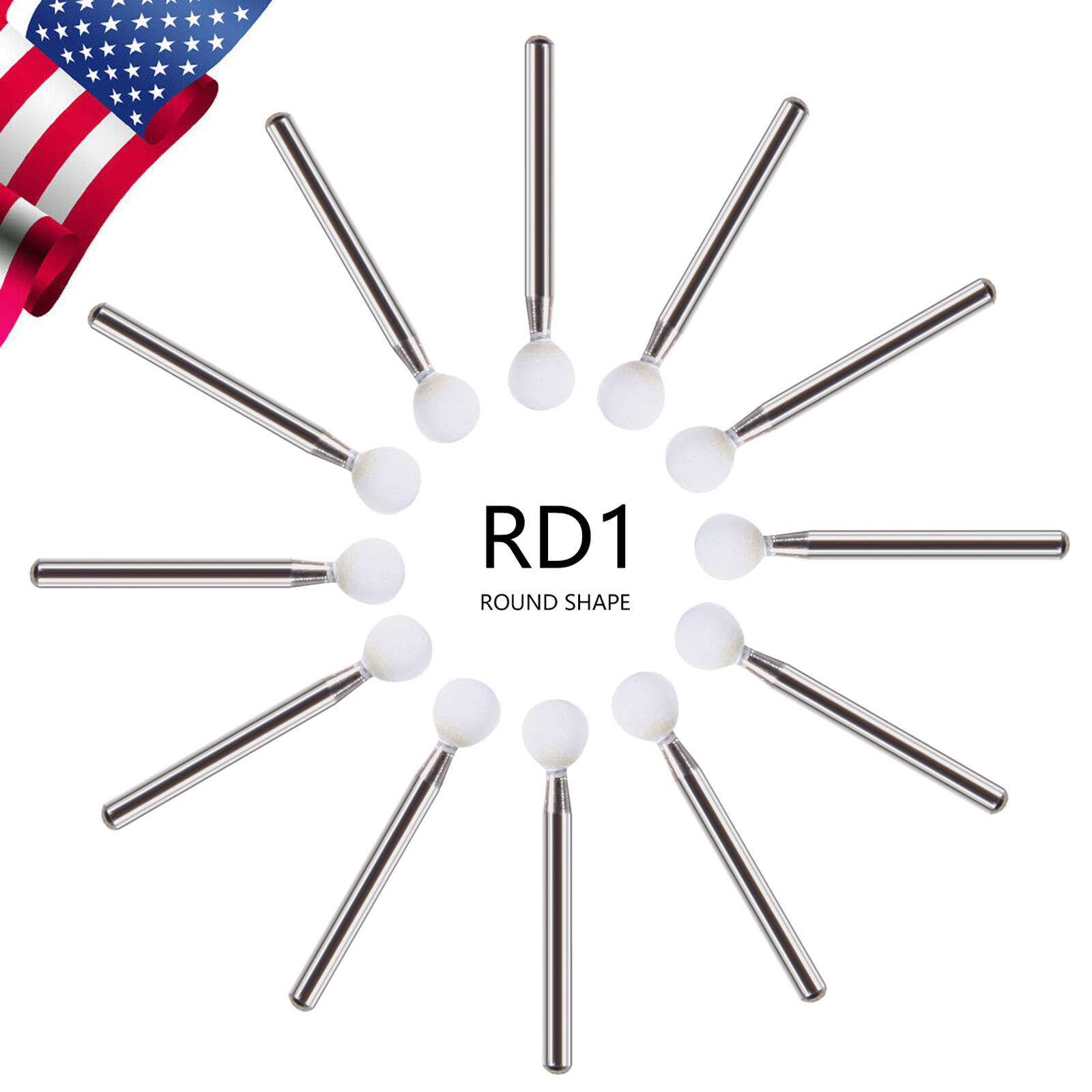 Dental White Stone Round Mounted Polishing Burs- FG 12/pks Abrasion Point Bur MD