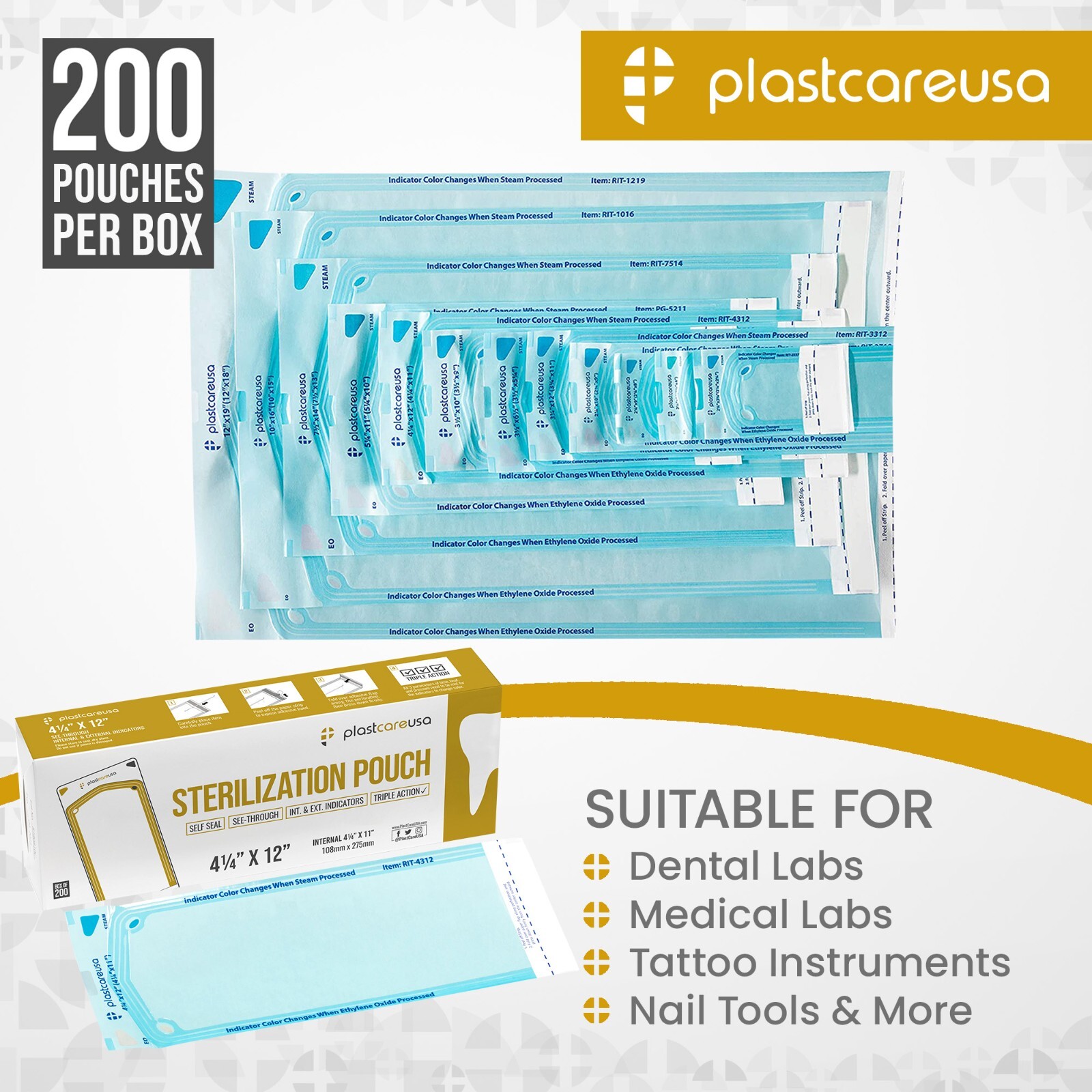 4.25″ x 11″ Self-Sealing Sterilization Pouches for Autoclave (1 Box of 200)