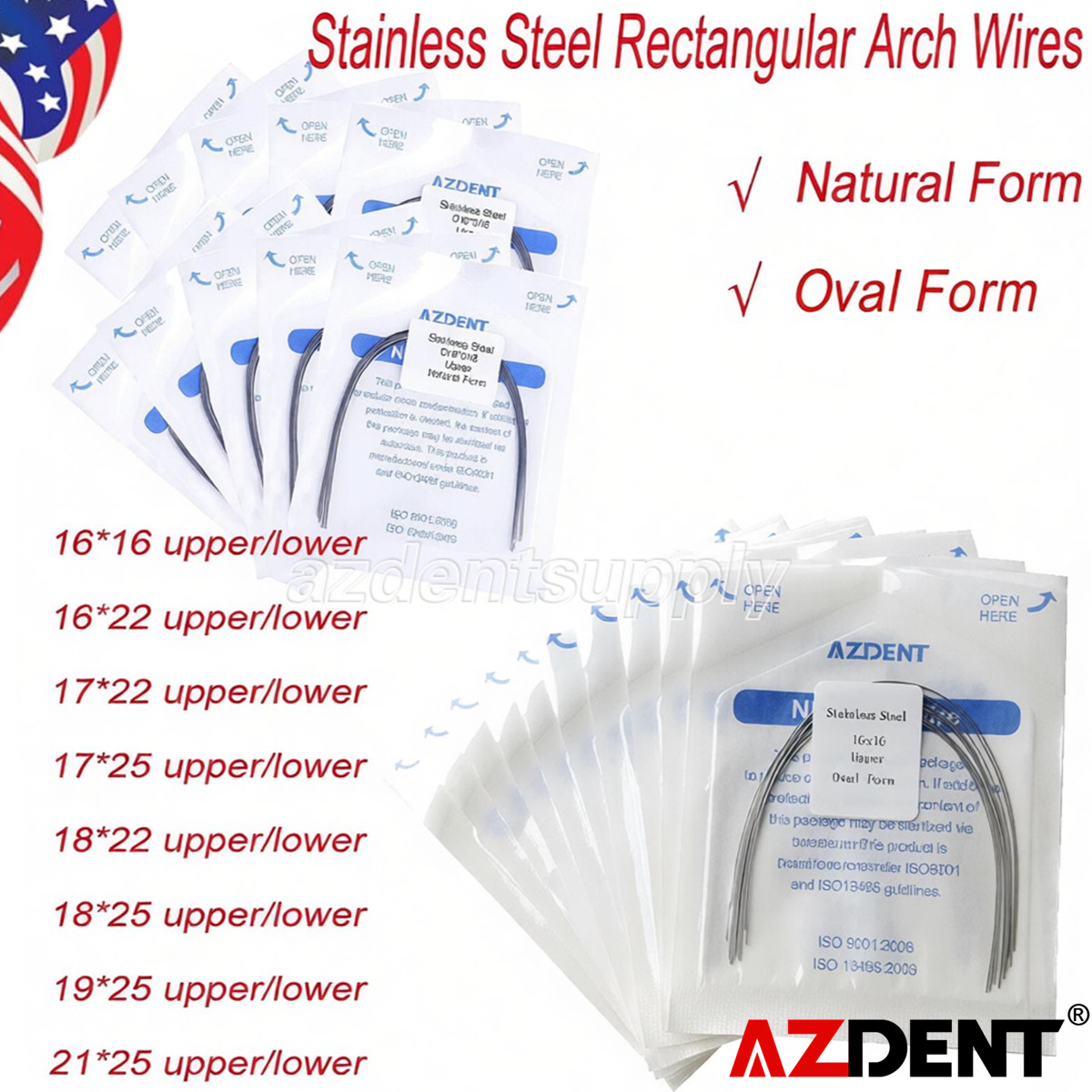 AZDENT Dental Stainless Steel Rectangular Arch Wires Nature Form / Oval Form