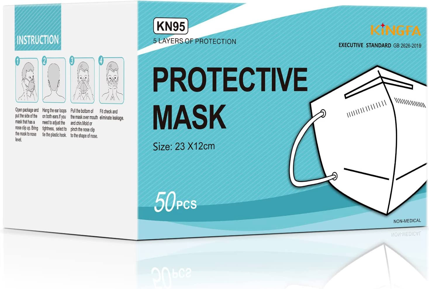 Kingfa KN95 White Face Mask 50 Pcs Disposable Respirator 5-Ply Layer GB2626-2019
