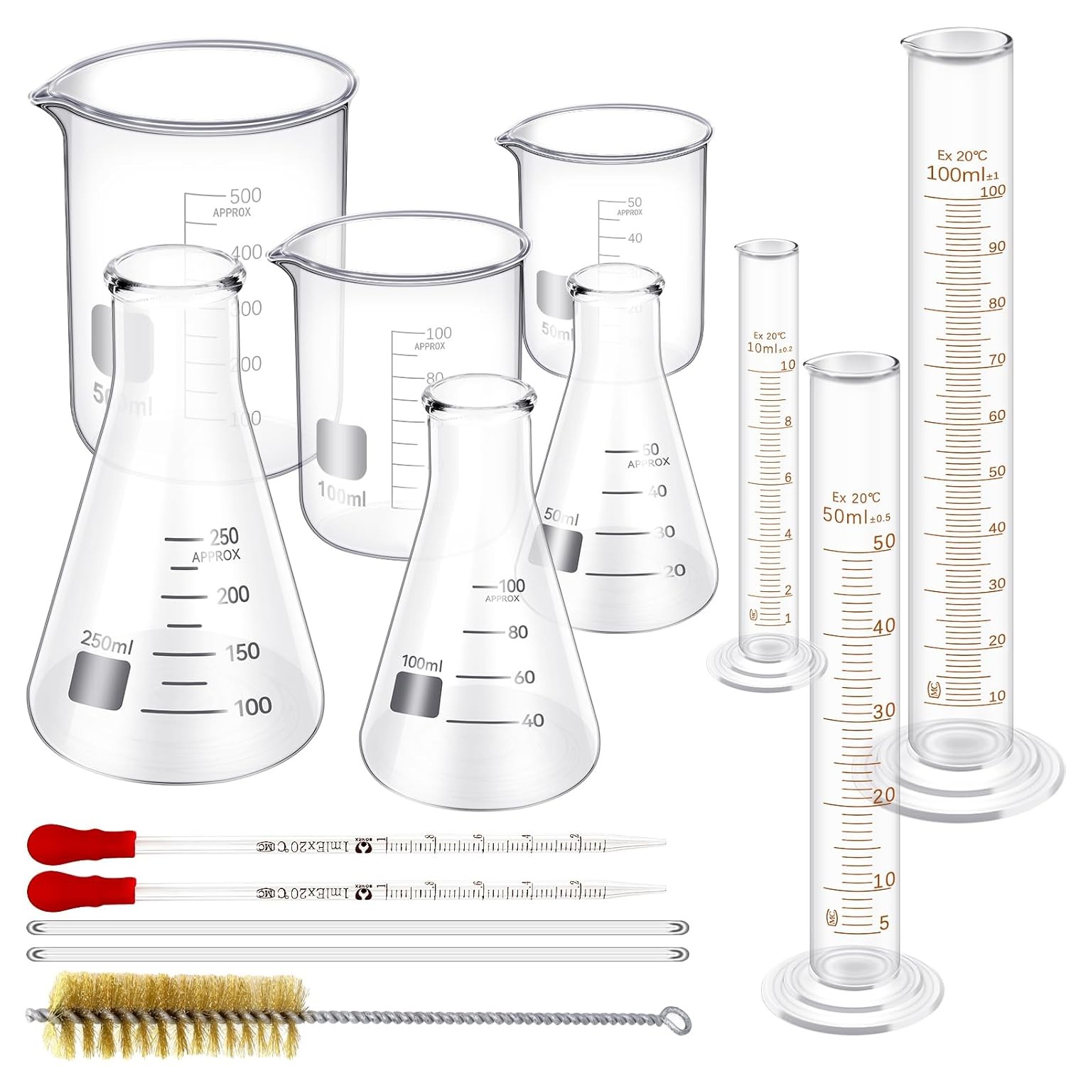 14Pcs Lab Flask Glass Measuring Glass Set: Beakers & Cylinders Lab Drying Rack