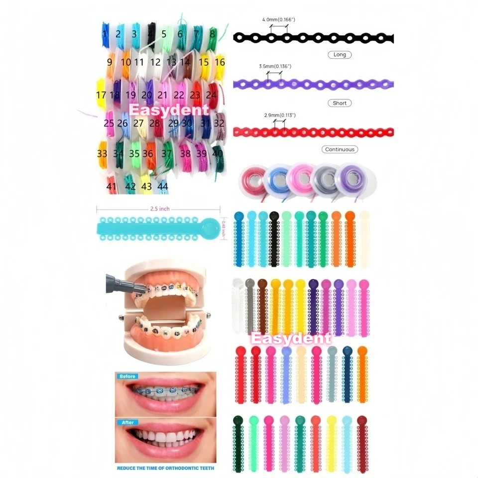 Dental Orthodontic Ligature Ties + Elastic Power Chain Long Short Close 44 Color