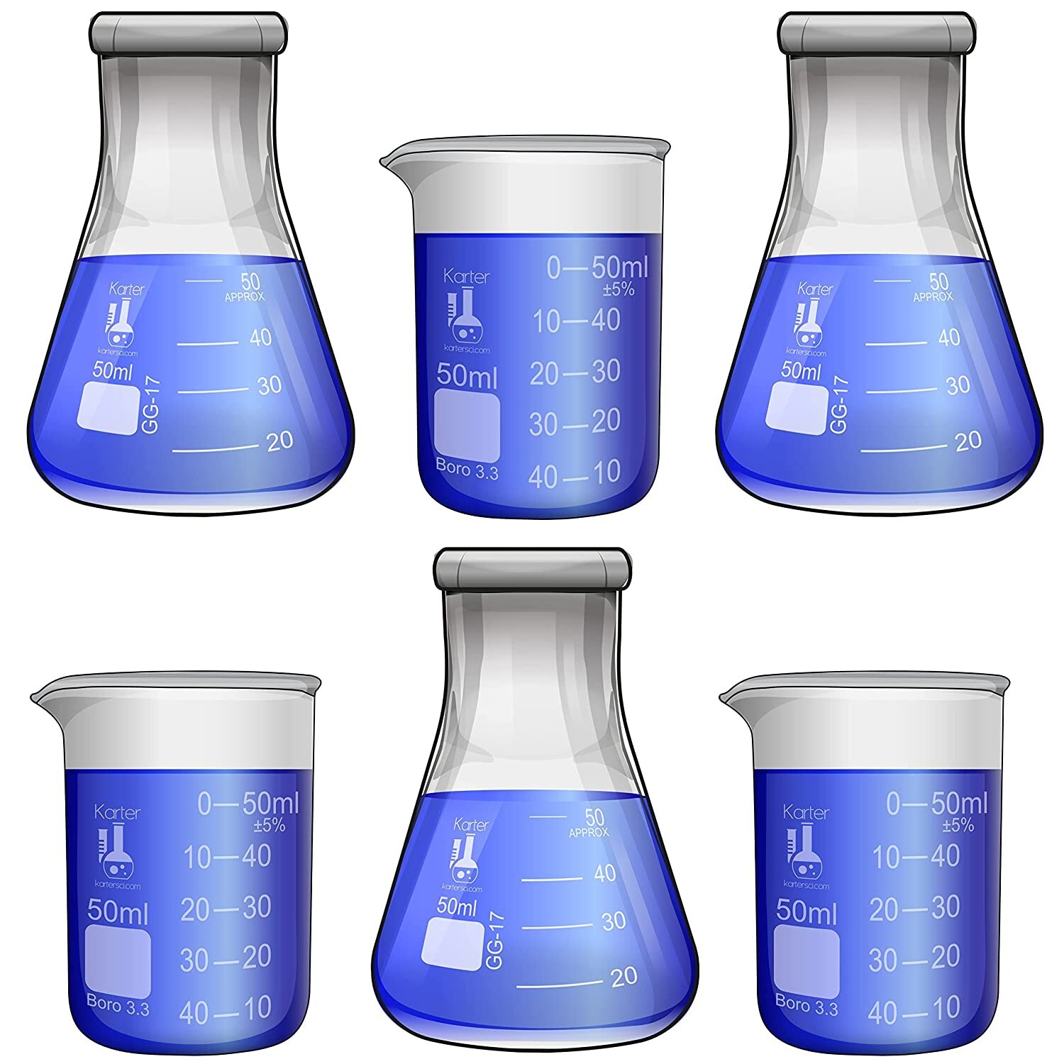 Laboratory Shot Glass Set, 6 Pieces, 50ml Beakers and 50ml Flasks, Boro Glass