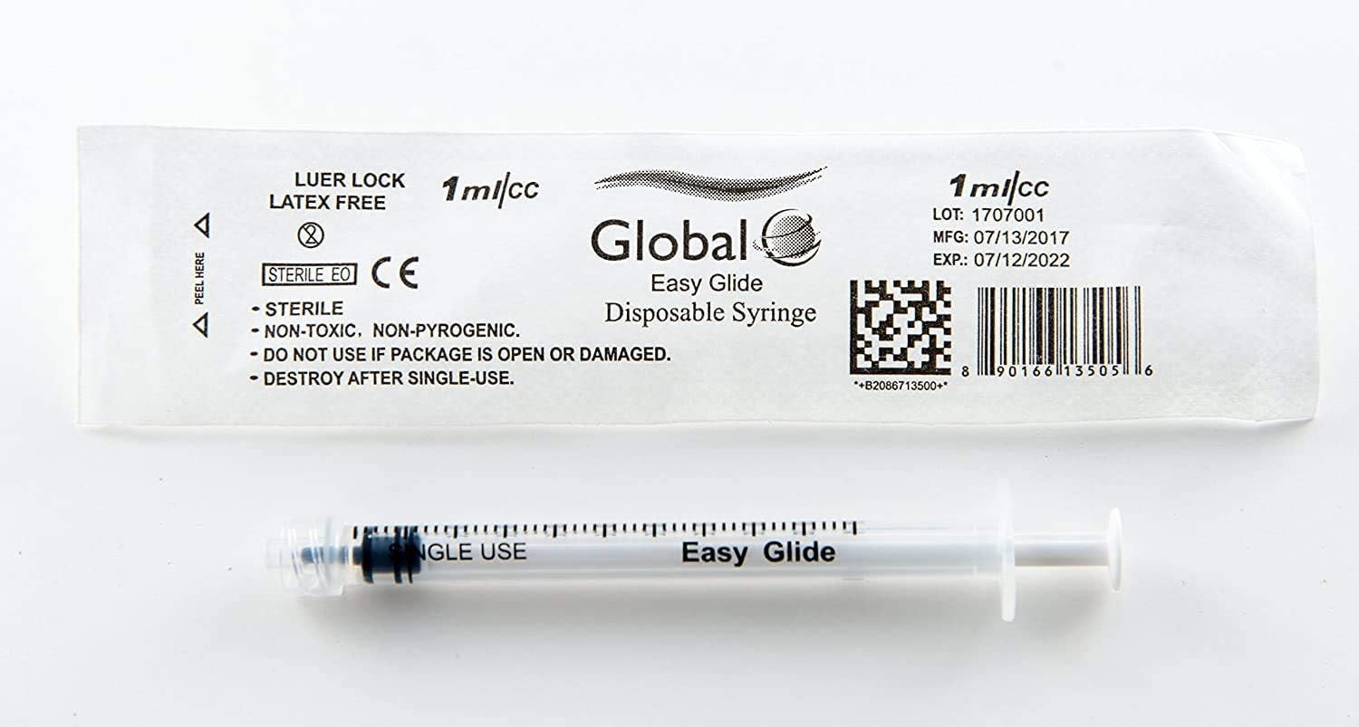 Easy Glide 1ml 1cc Sterile Syringe Luer Lock Tip, No Needle, Pack of 25