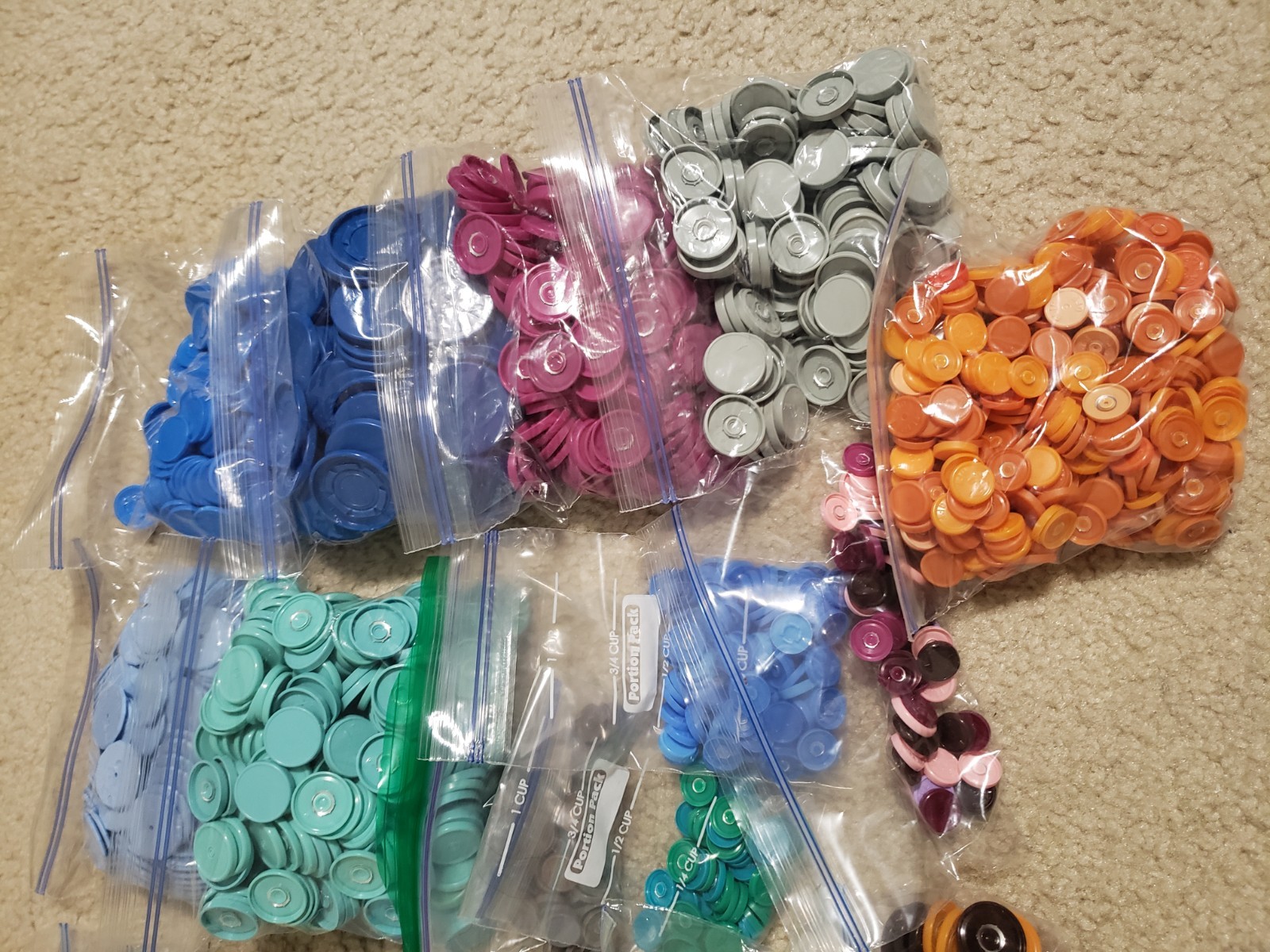 Lot of multicolor flip-off plastic vial seal caps different sizes, arts & crafts