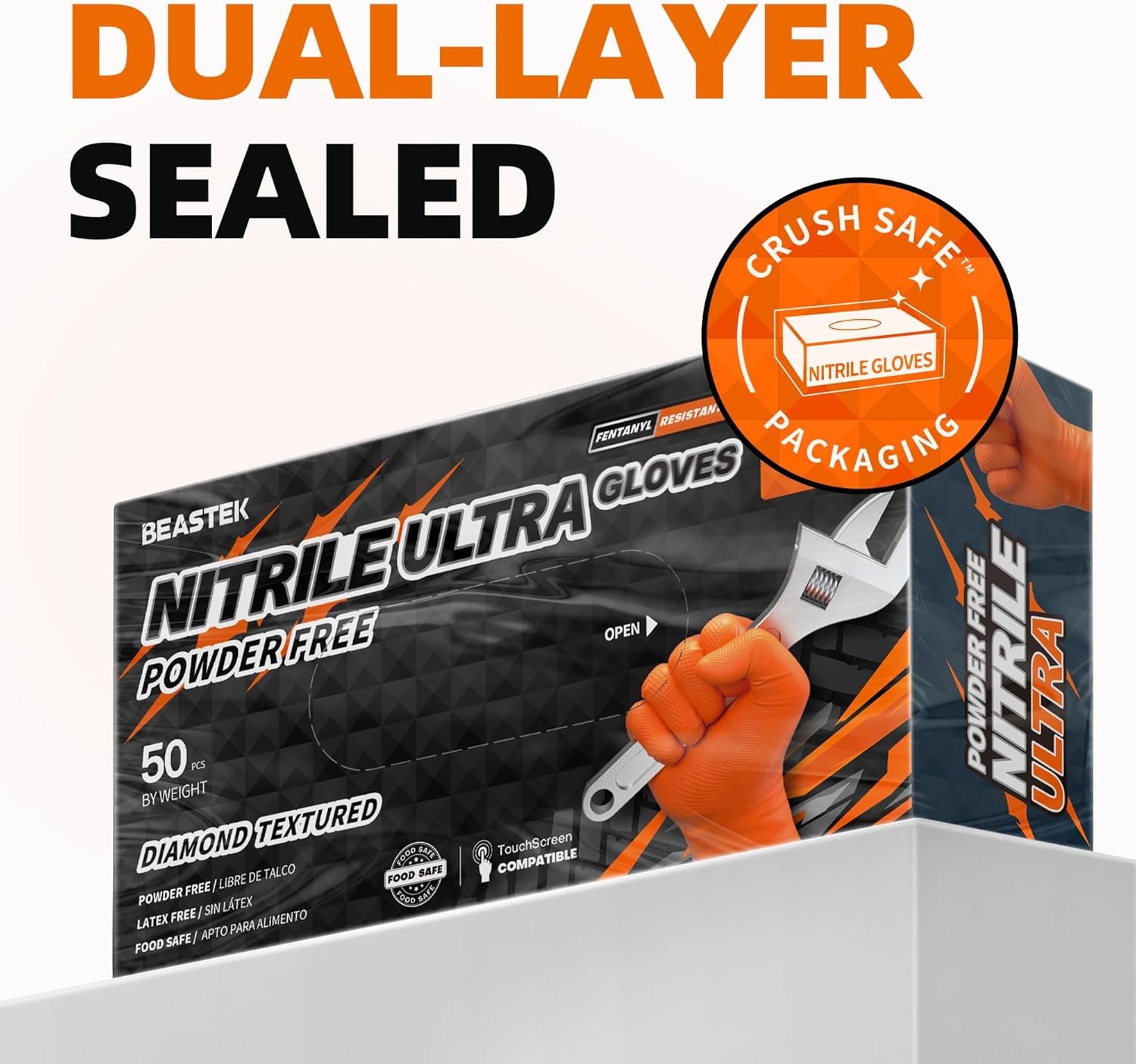 Orange Nitrile Gloves 8Mil Disposable Diamond Texture Latex & Powder-Free 50Pc