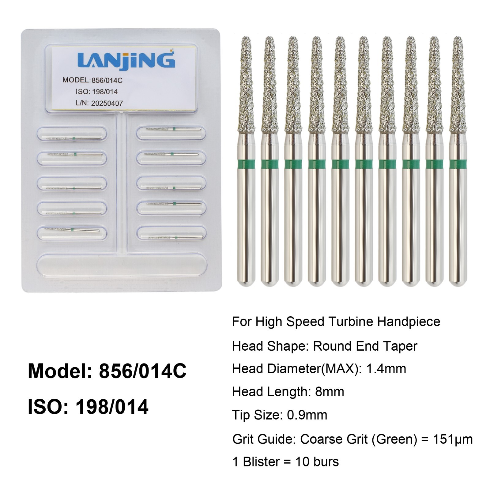 Dental Diamond Burs Round End Taper Diamond Bur Coarse Fine FG High Speed 856