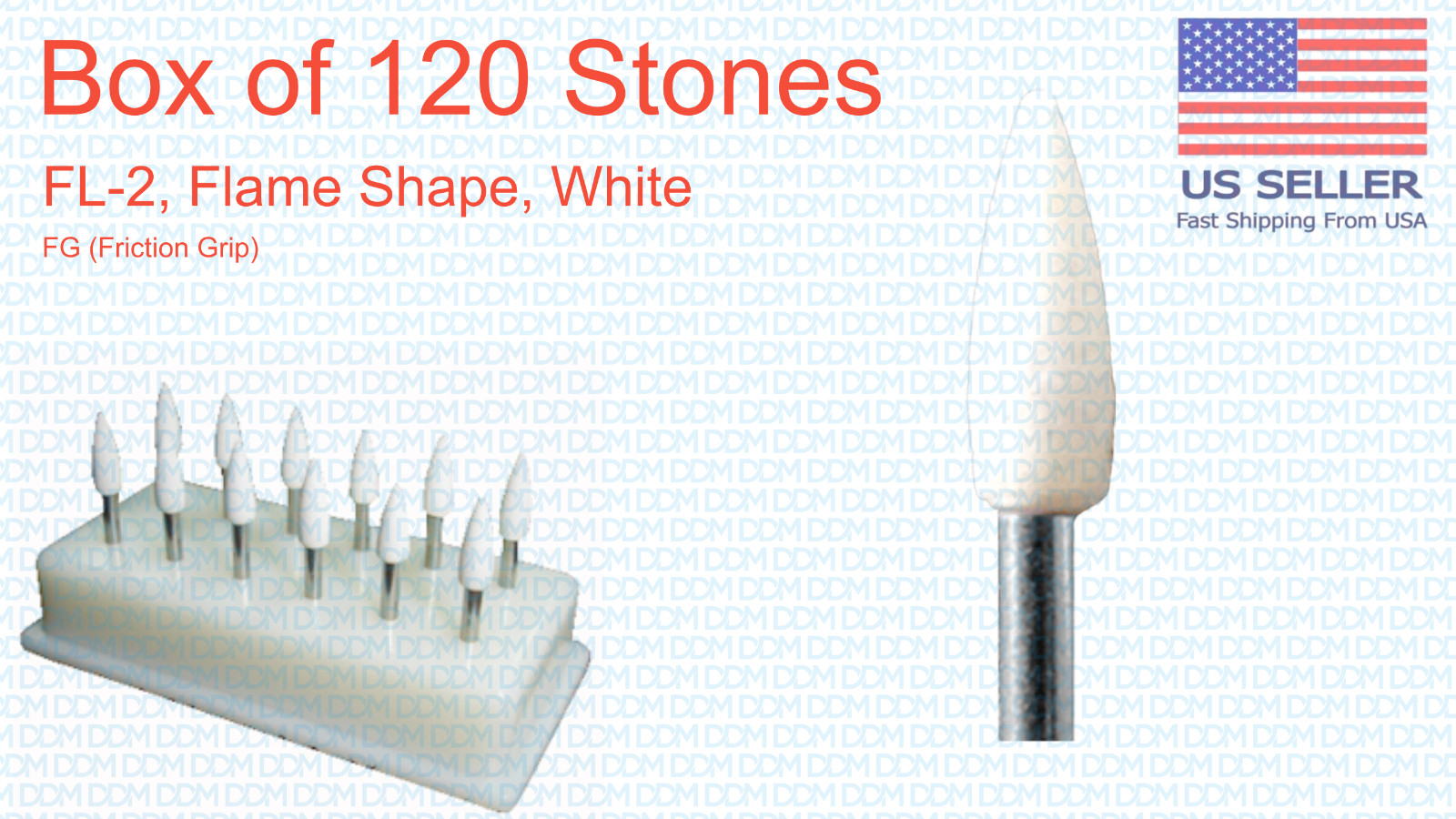 DDM FL-2 Dental Mounted Stone Abrasive Points Flame Shape White FG, 120 Pcs