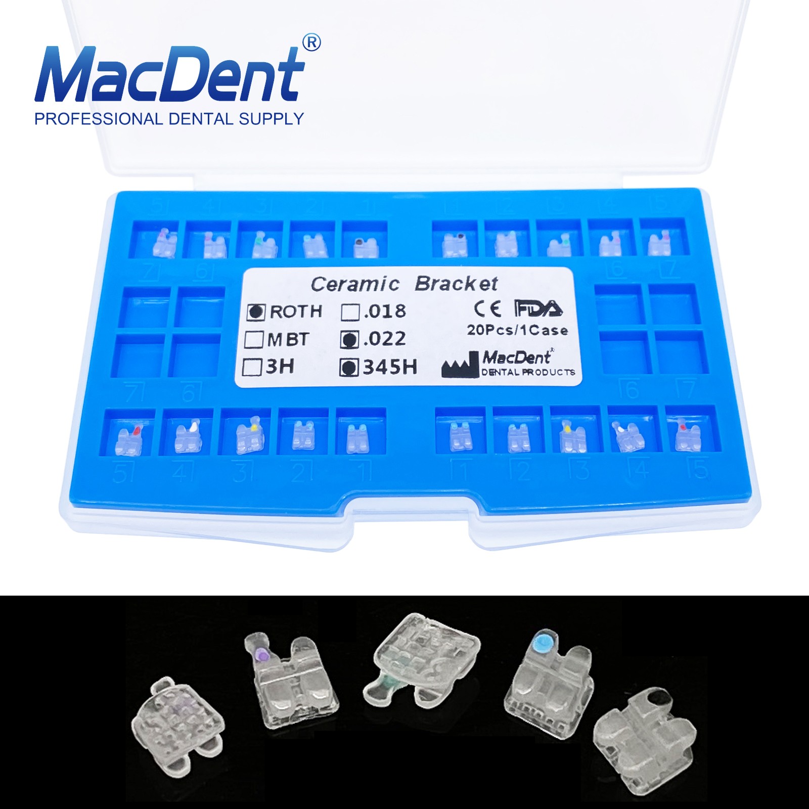 20Pcs Dental Orthodontics Ceramic Brackets Braces Roth/MBT 022/018 Hooks 3-4-5