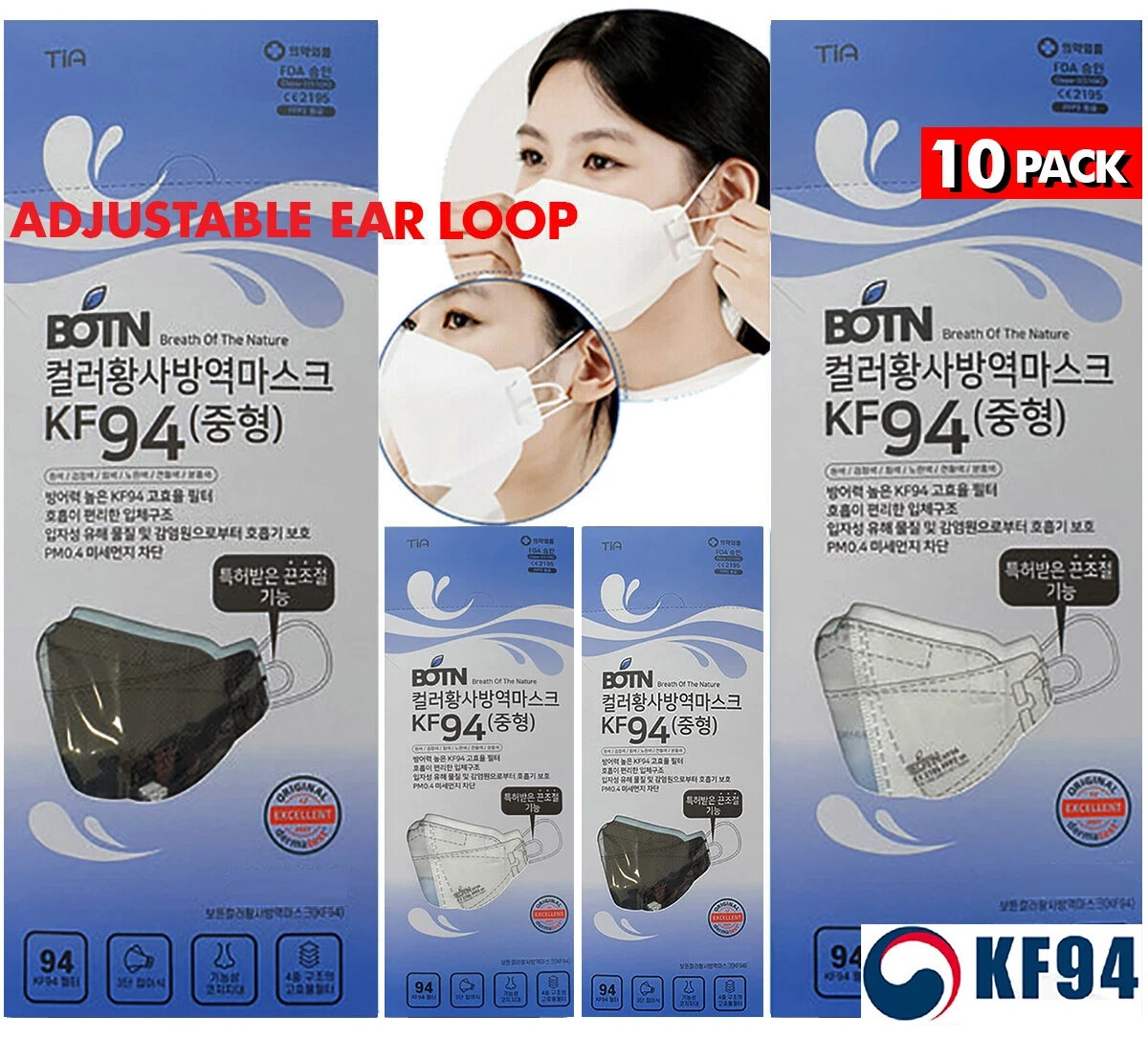 Pack of 10 BOTN Medium Adjustable KF94 Korean Face Mask Made in Korea Dust Cover