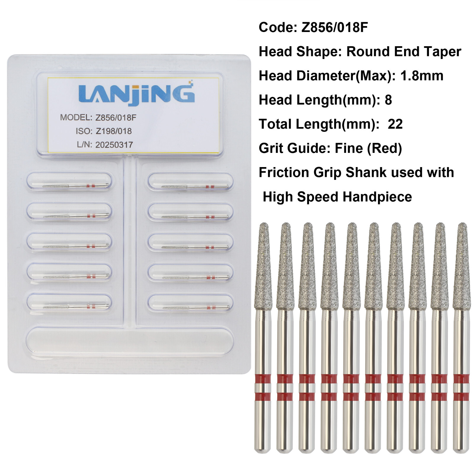 Dental Diamond Burs Round End Taper Zirconia Adjustment FrictionGrip Fine Medium