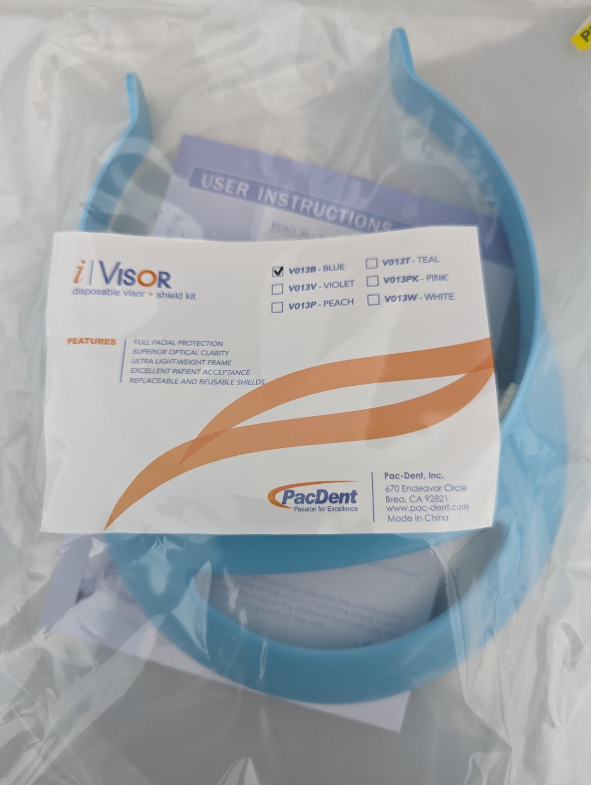 PacDENT iVISOR Face Shield Blue Kit With 1 Visor & 3 Shileds V013B 1pc