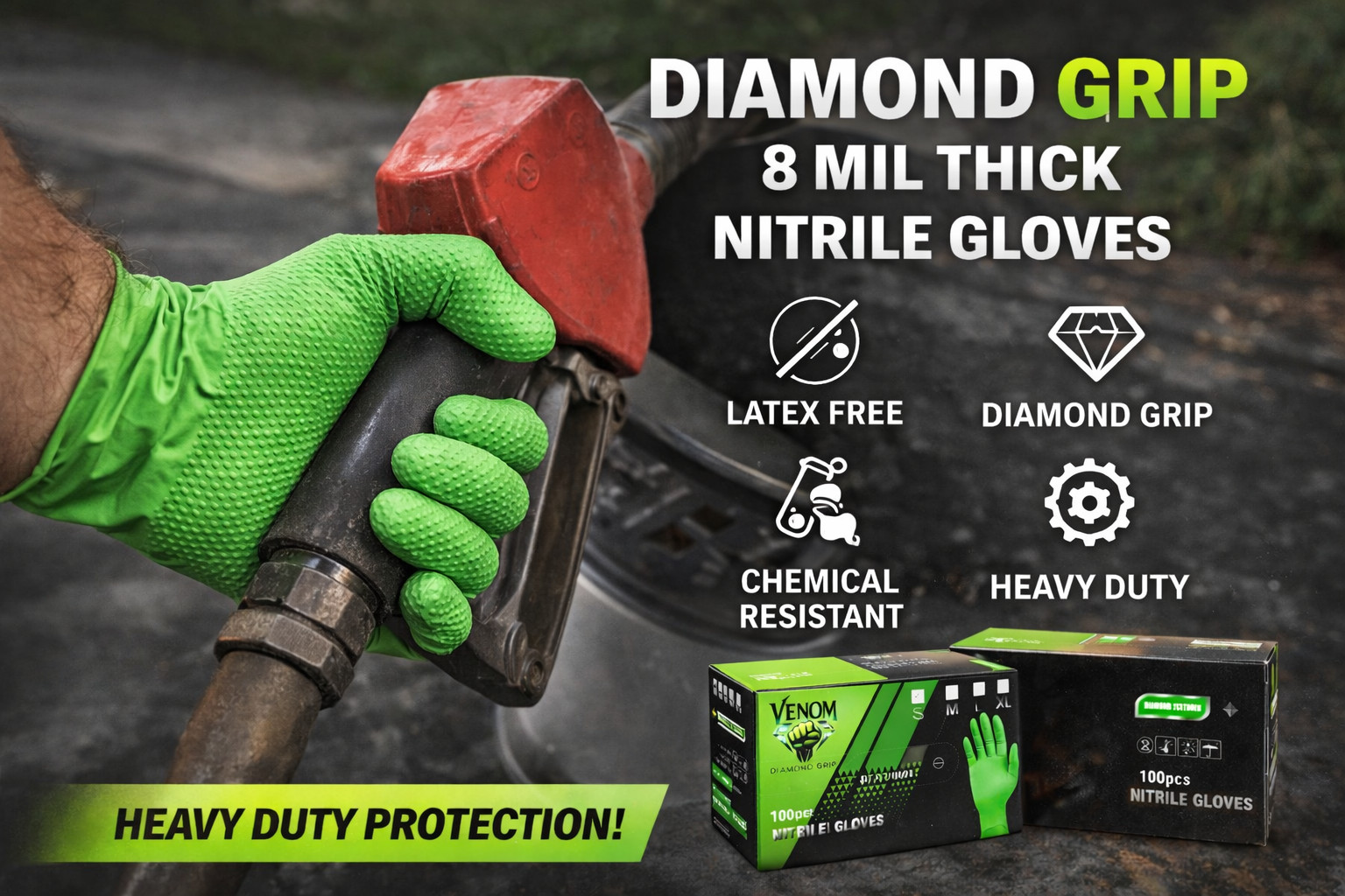 Venom Diamond Grip Green Nitrile Gloves 8 Mil, Diamond Texture, Box of 100Pcs