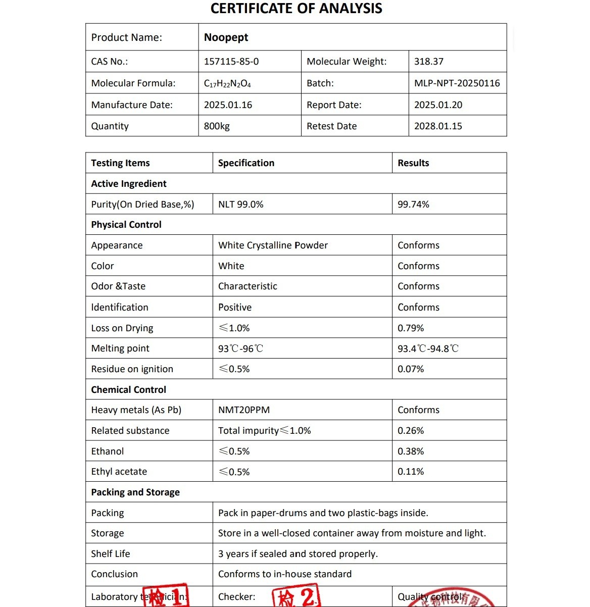 Noopept, Purity 99% min, 25 Grams (Cognitive Booster/Mood Enhancer) 157115-85-0