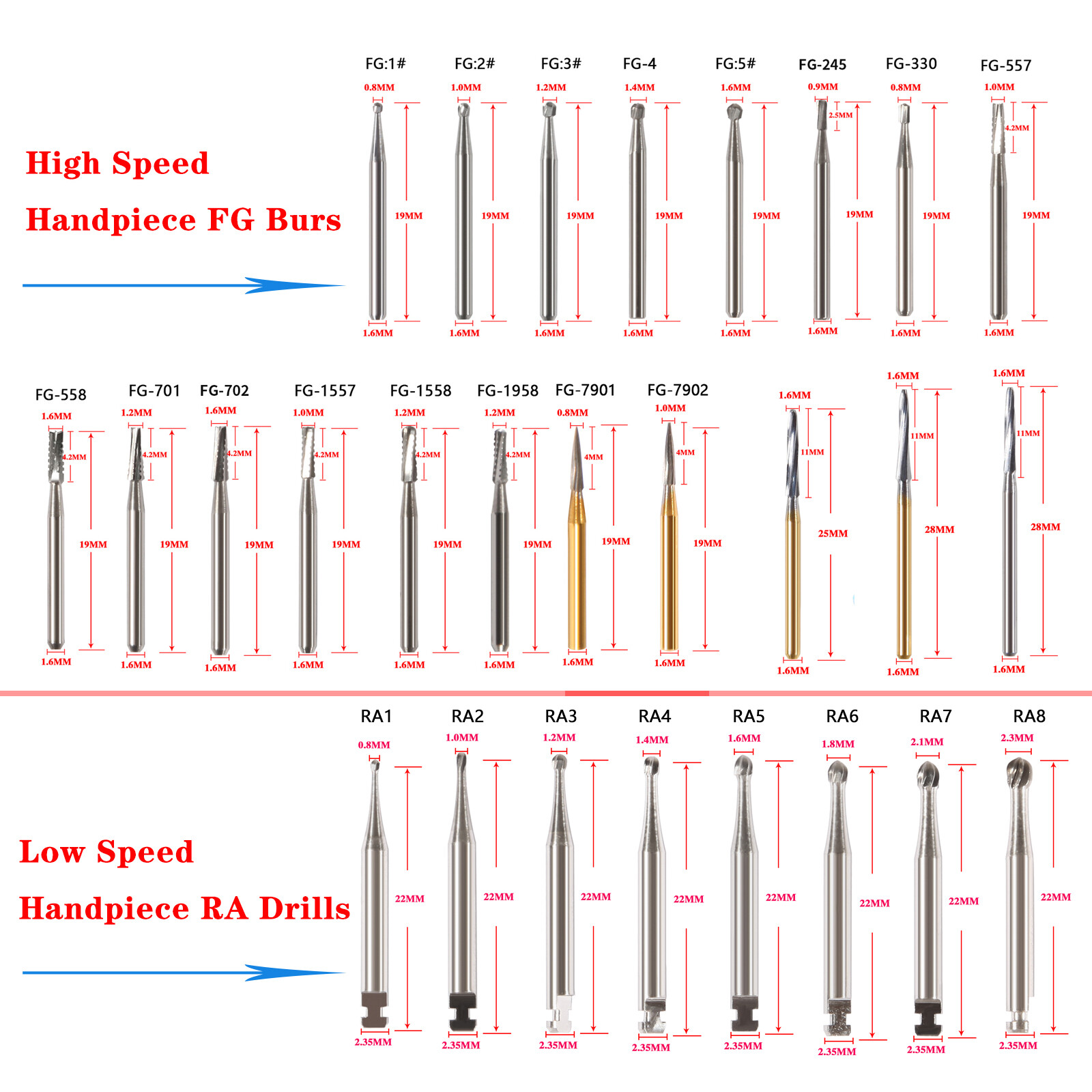Dental Tungsten Carbide Tungsten Steel Burs for High /Low Speed Handpiece FG/ RA