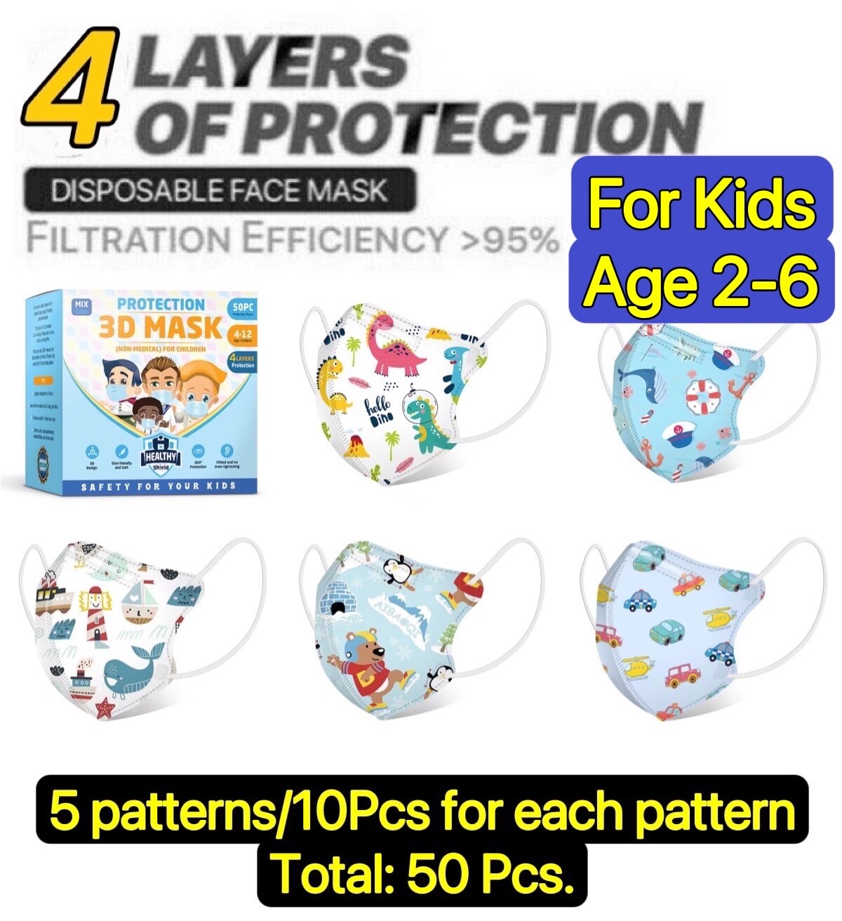 50Pcs Cartoon 3D Kids BFE 95% Protective 4 Layer Face Mask Disposable Respirator