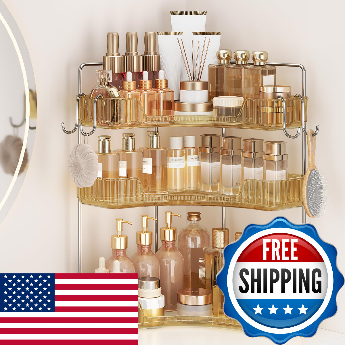 Kinkota Golden 3-Tier Corner Bathroom Organizer Countertop Storage Shelf Hooks M