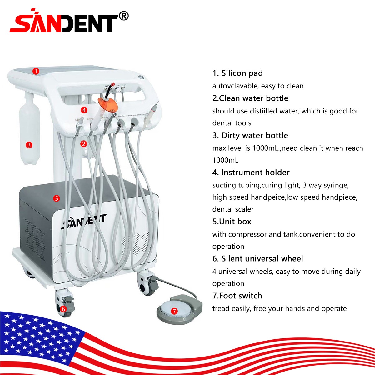 Portable Dental Delivery Unit Air Compressor Suction System 4H Light Scaler