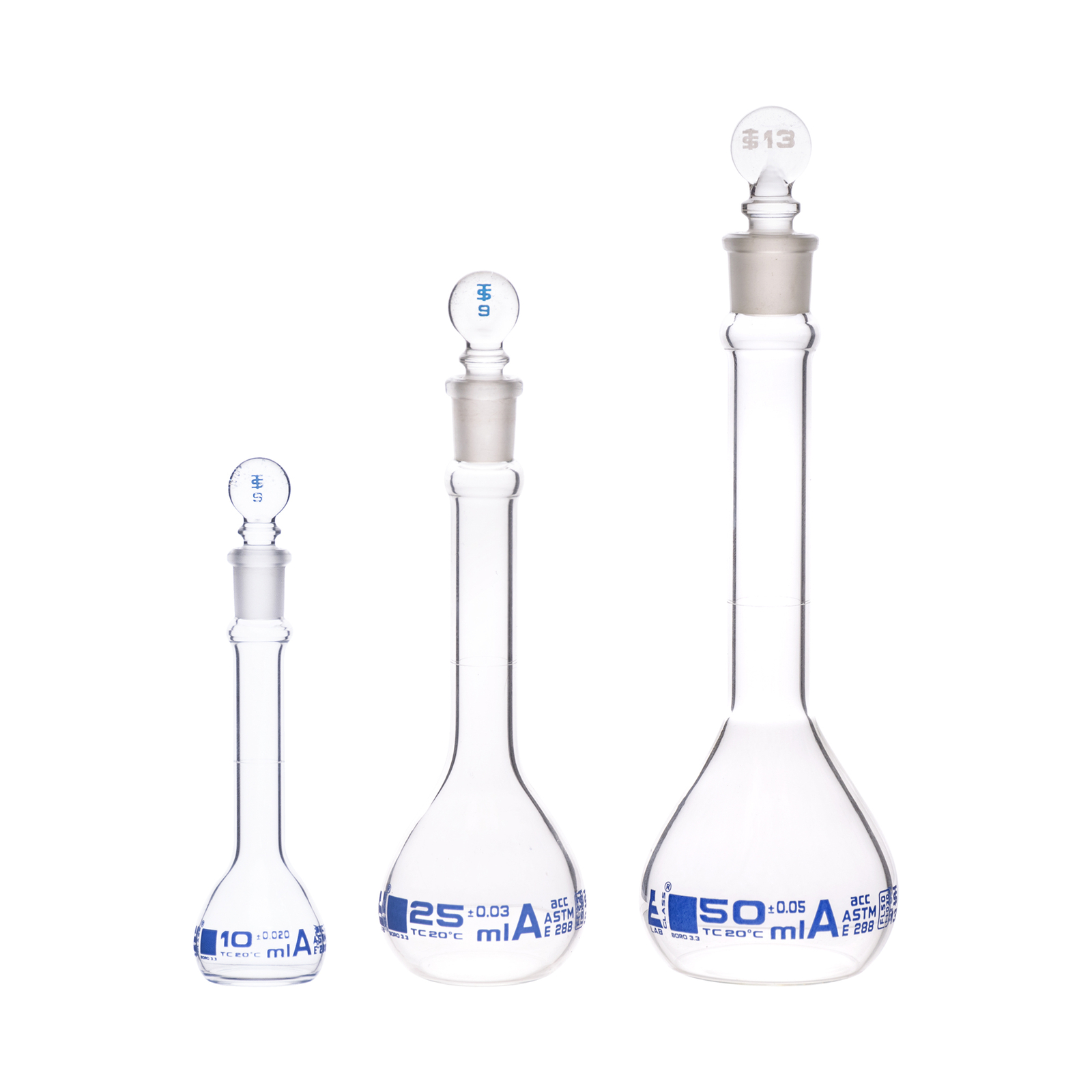 Eisco Labs Volumetric Flask Set, 10, 25, 50ml – Class A, ASTM