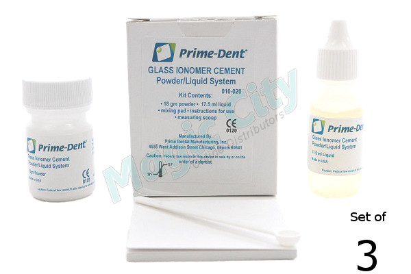 New Prime-Dent Permanent Glass Ionomer Dental Luting Cement #010-020 (Set Of 3)
