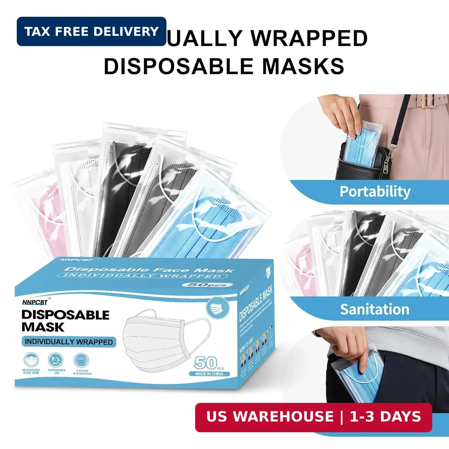 NNPCBT 5 Color Disposable Face Masks 50pcs, Individually Wrapped Masks for Adult