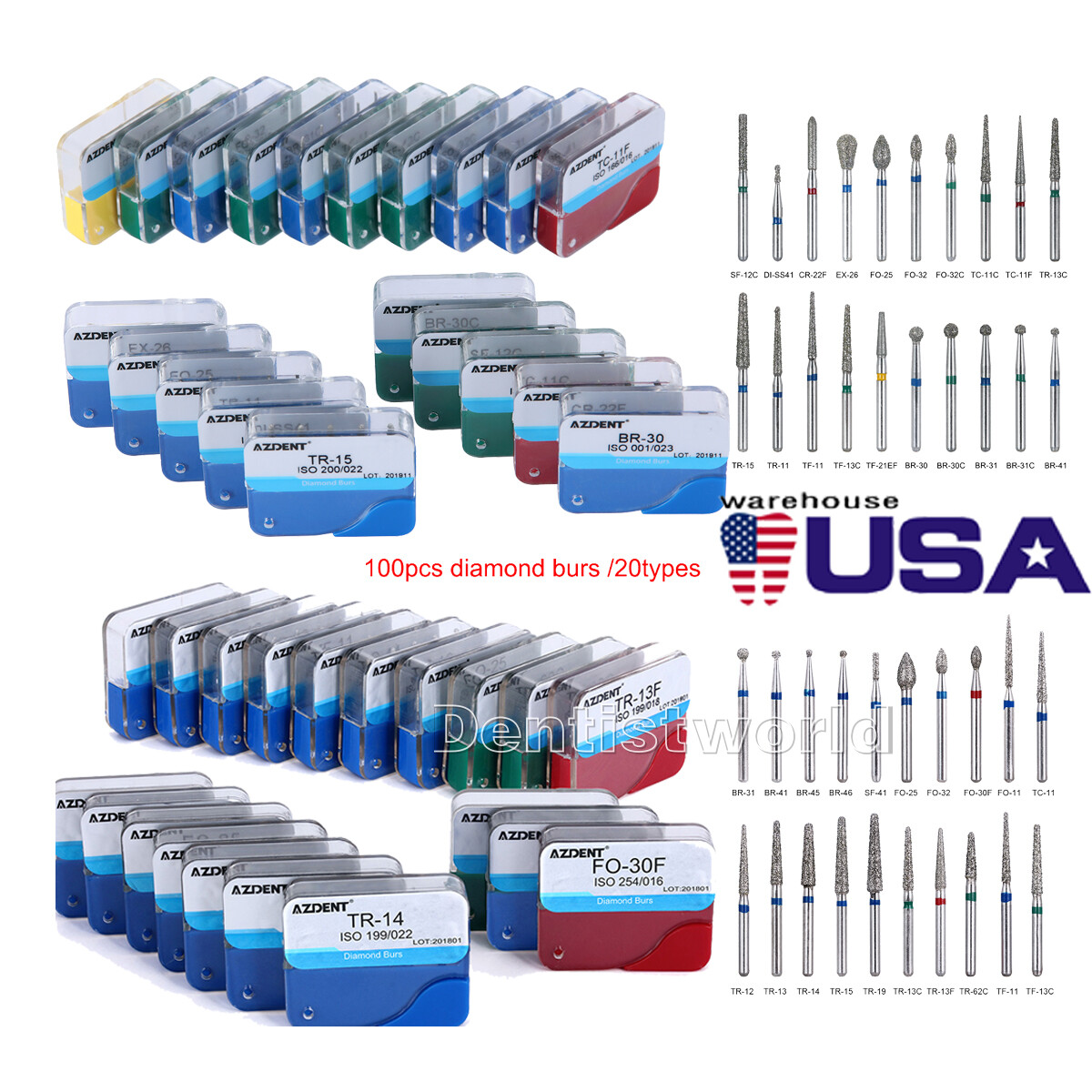 100Pcs AZDENT Dental Diamond Burs High Speed Handpiece Friction Grip 20 Types