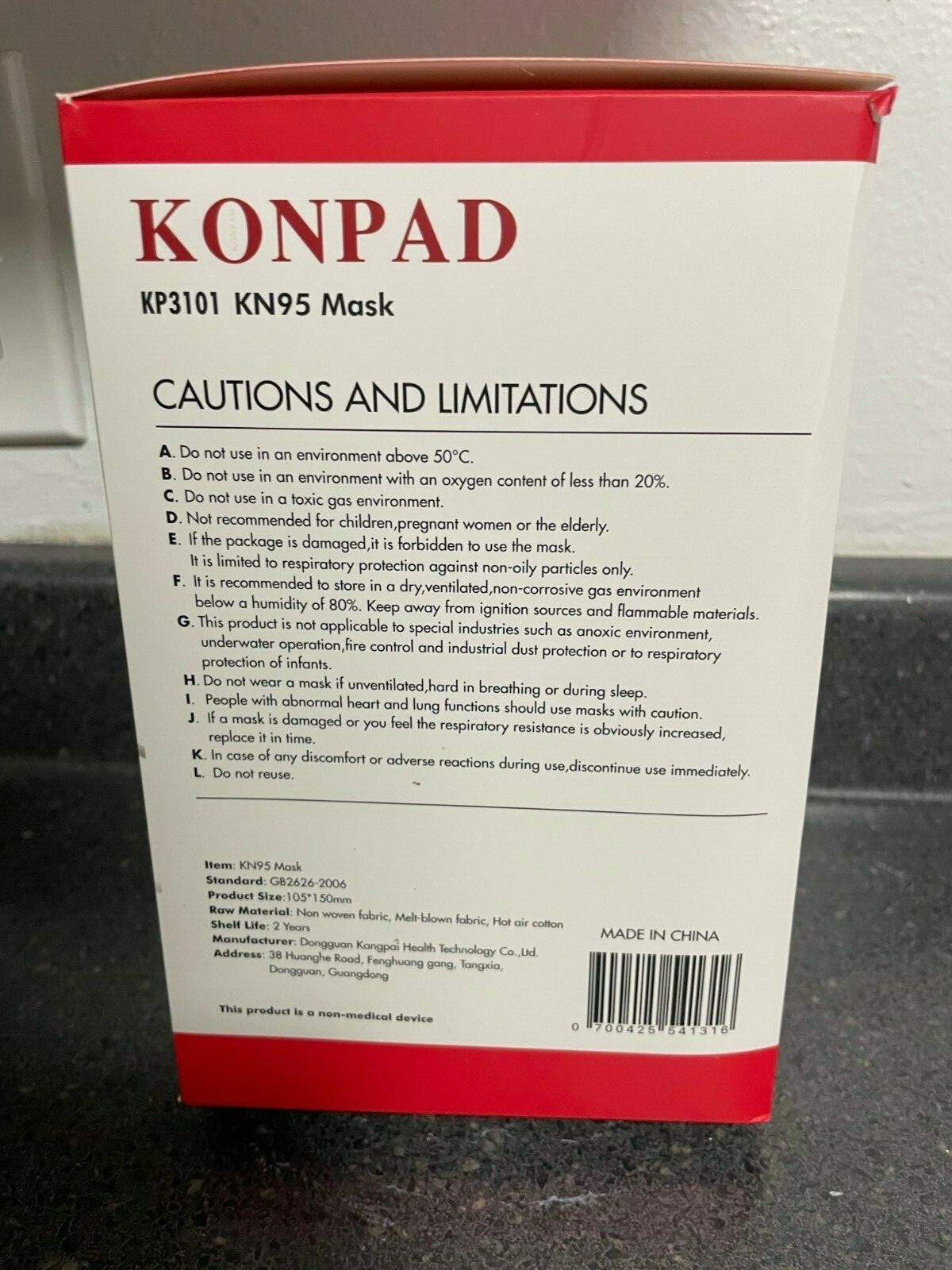 Konpad KN95 mask, KP3101 , GB2626-2006 standard, box of 60