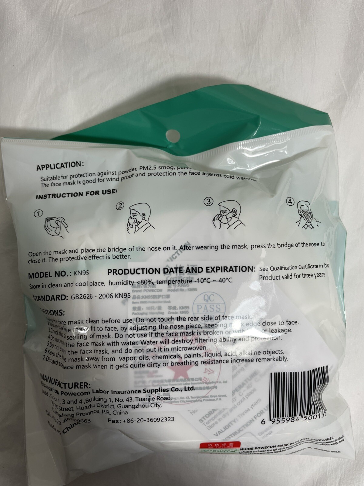 Powecom KN95 Protective Face Mask Respirator GB2626-2006 White 10 Pieces