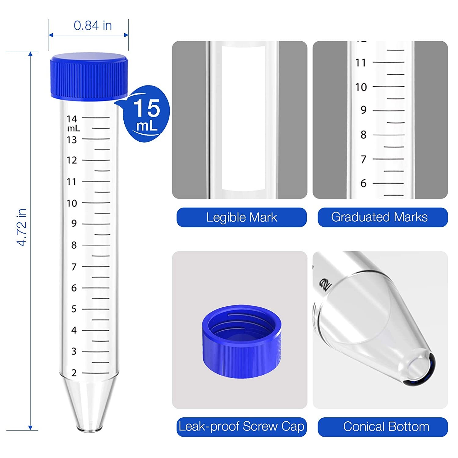 10000pc Conicial Centrifuge Tubes 15mL Clear Plastic Test Tube DN/RNase Free LAB