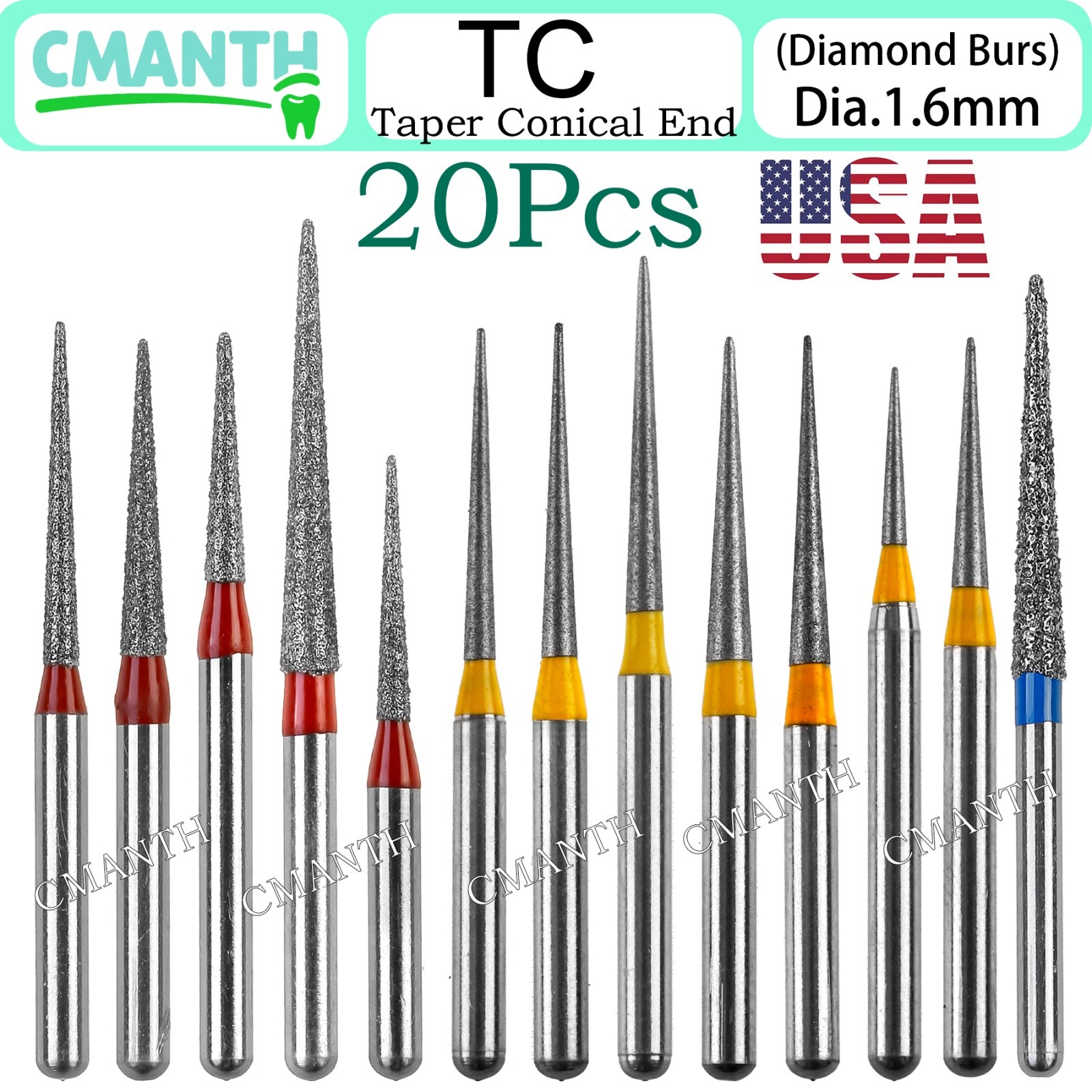 US Dental Burs FG High Speed Diamond Burs Dental Lab Polishing Tools 1.6mm 20pcs