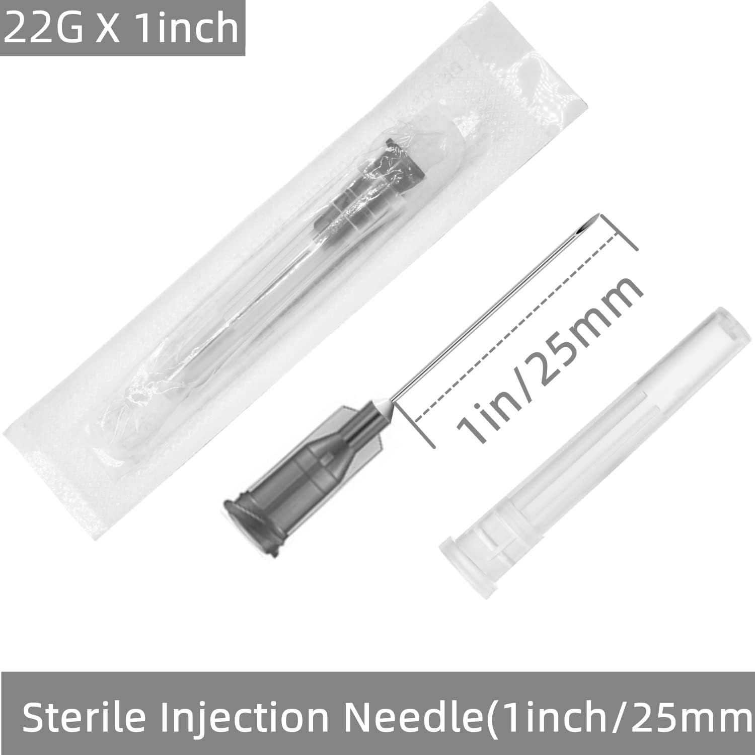 100 Pack 22Ga 1 Inch Sterile Disposable Injection Needle with Cap for Scientific