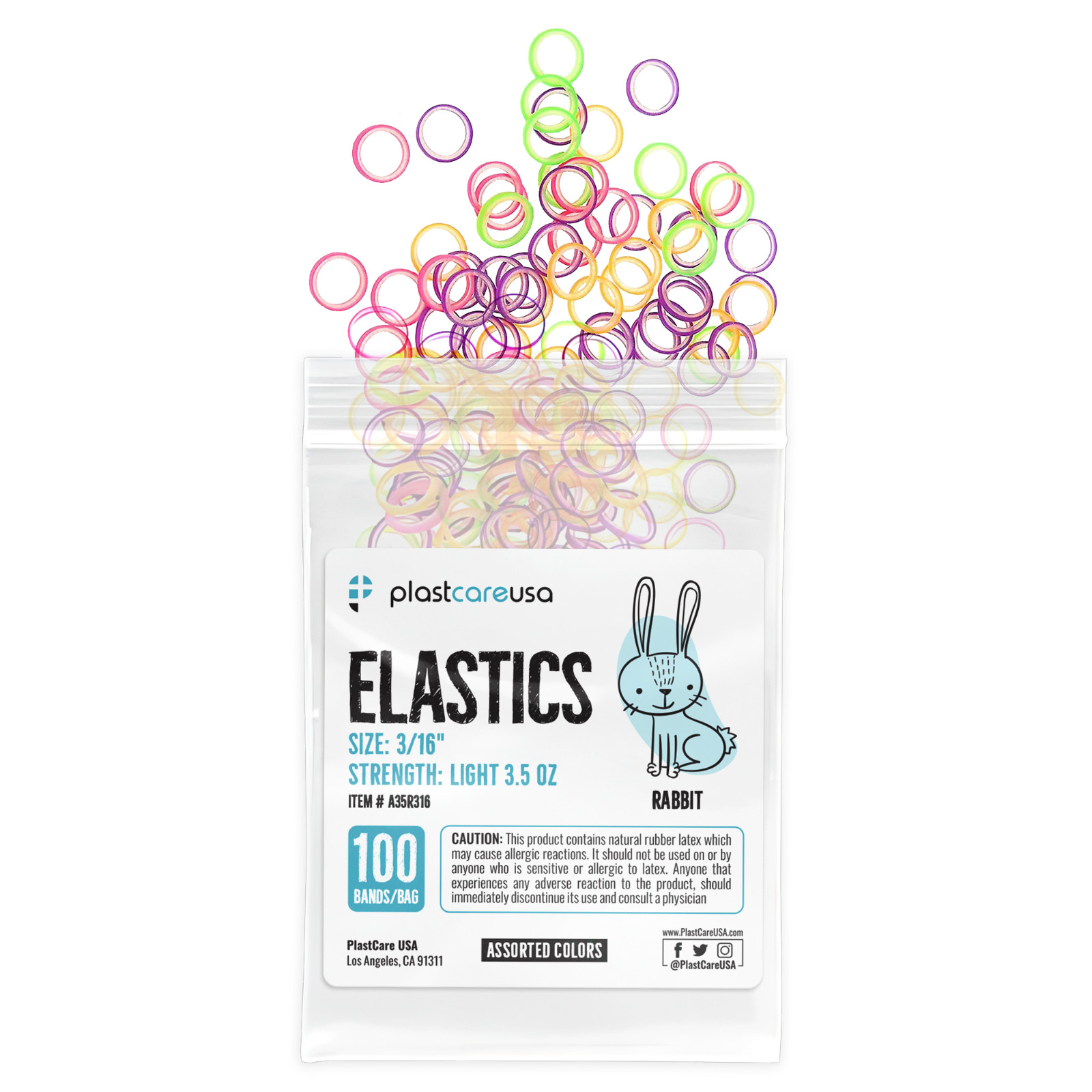 100 Assorted Color Light 3.5 Oz 3/16″ Rabbit Latex Elastic Rubber Bands Braces