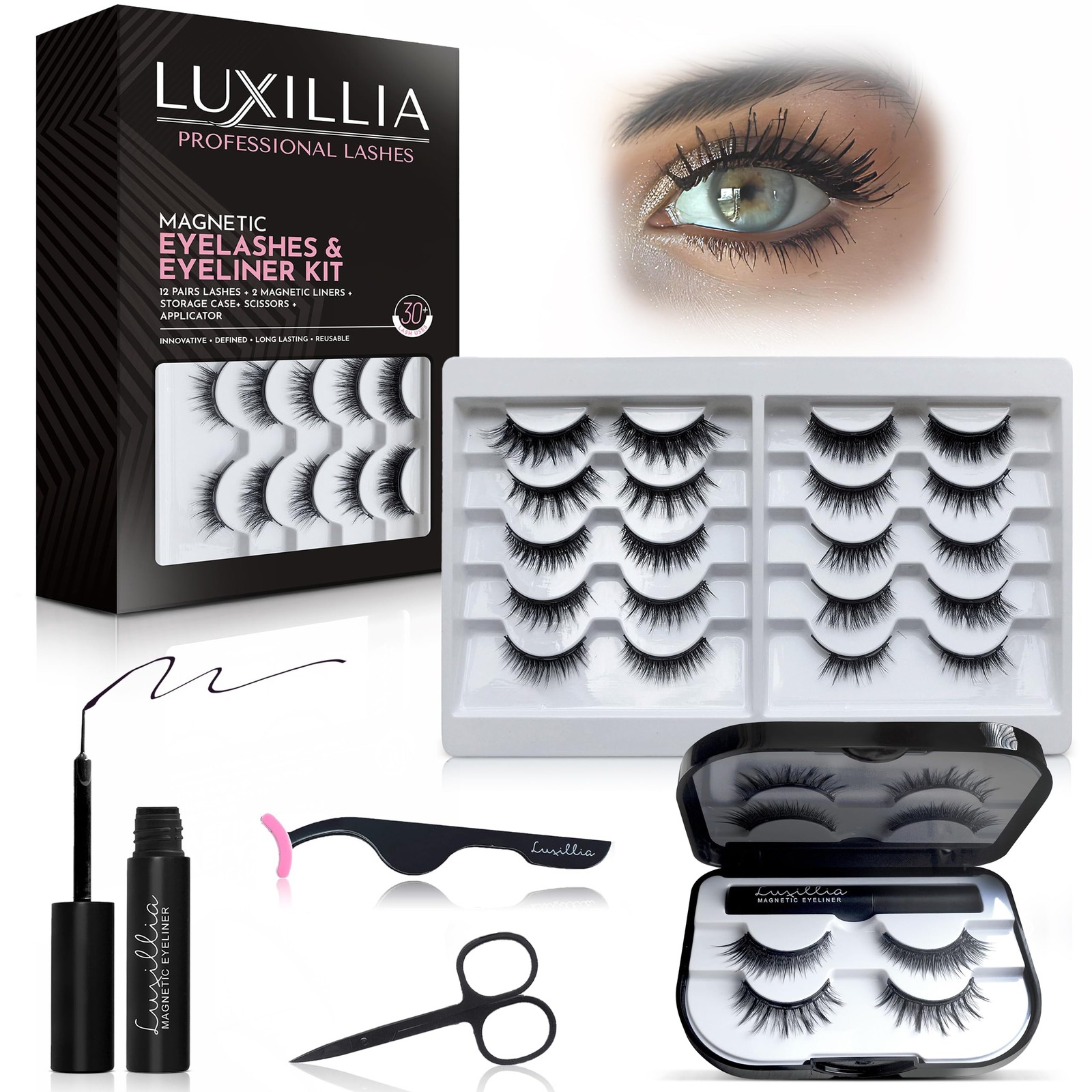 Luxillia Magnetic Eyelashes Kit – 16 Pcs Eyelash & Eyeliner Set w/Applicator