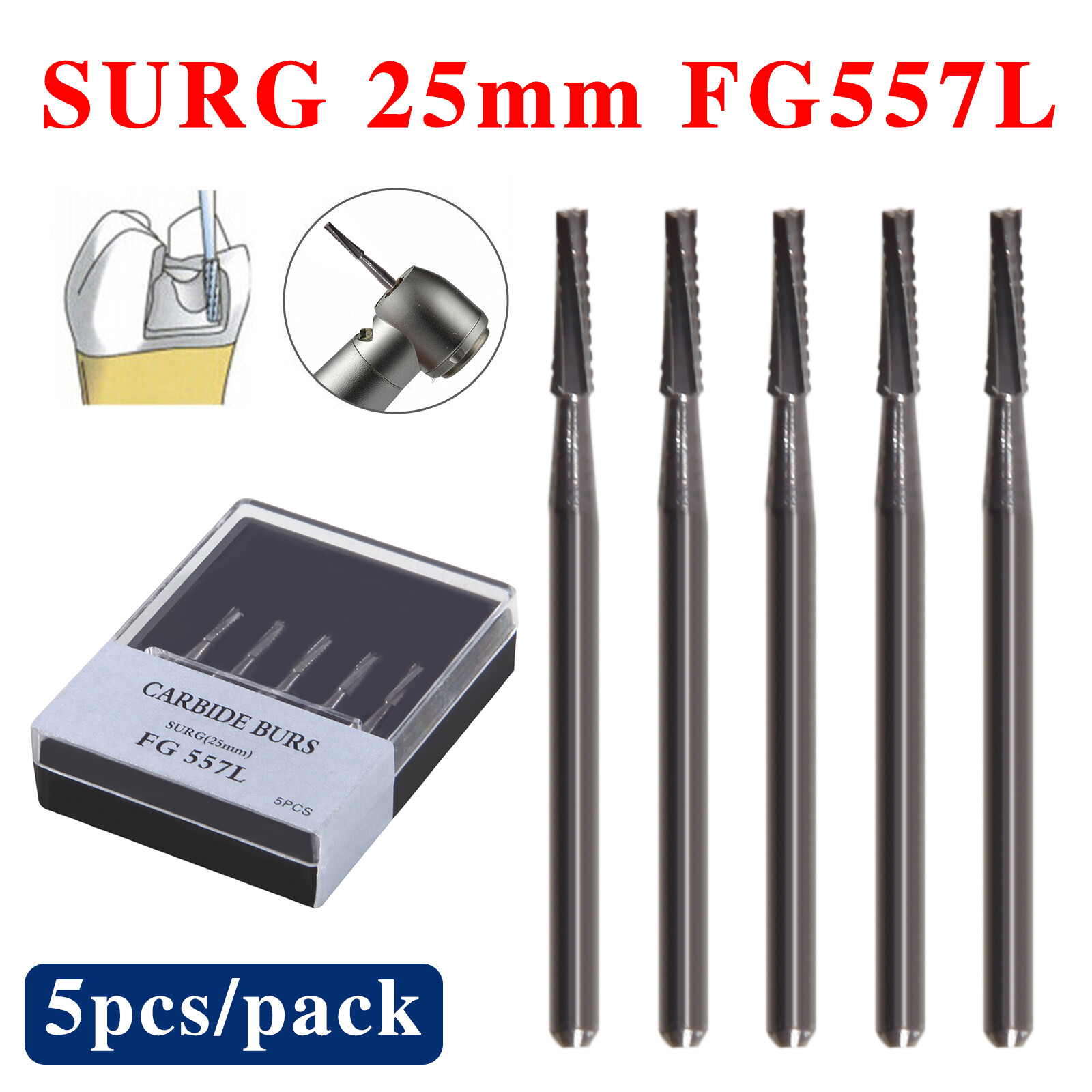 5pcs/pack Dental Carbide Burs Surgical Bur SURG 25mm FG-557L for High Speed DL