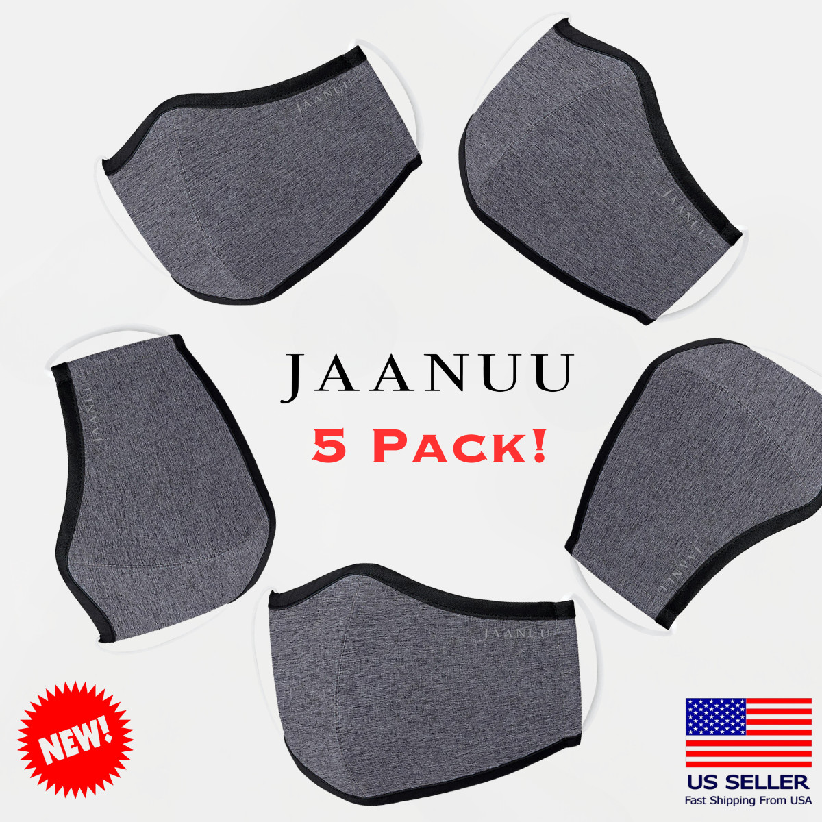 NEW Jaanuu 5-Pack Antibacterial Reusable Face masks, Adults – Charcoal Gray