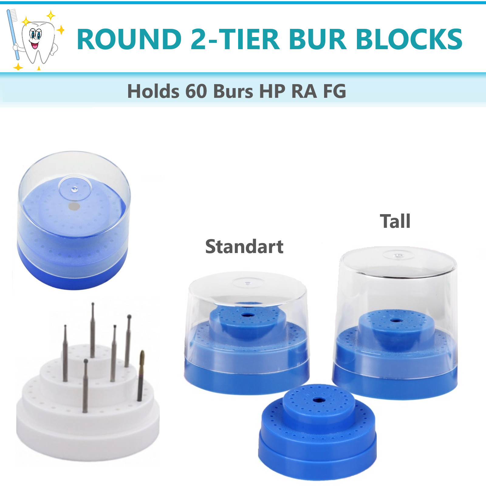 Dental 2 Tier Round Bur Block Holder with Lid – Plastic Fits 60 Burs HP RA FG