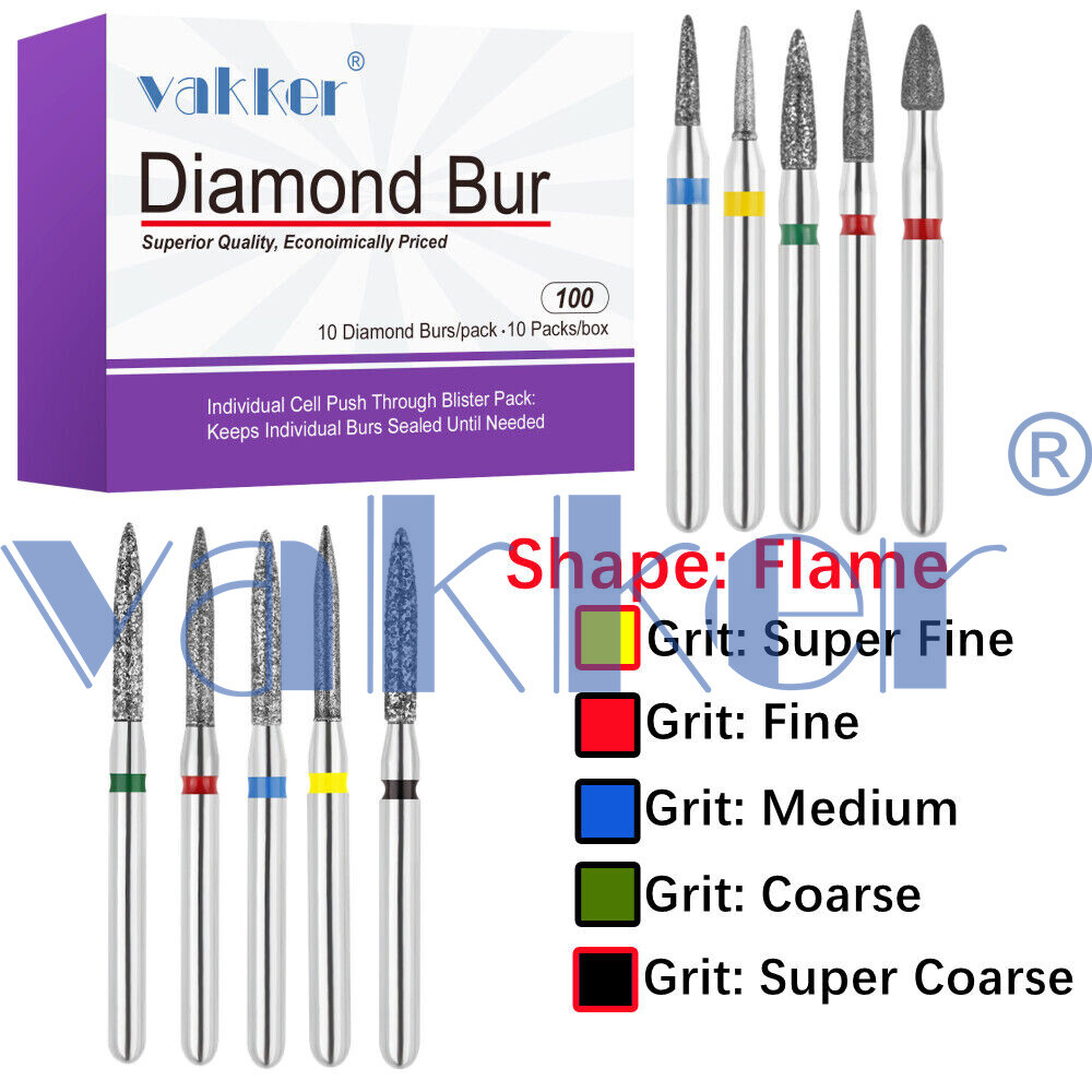 10pc/pk Vakker Dental FG Flame Shape Diamond Burs for High Speed Handpiece