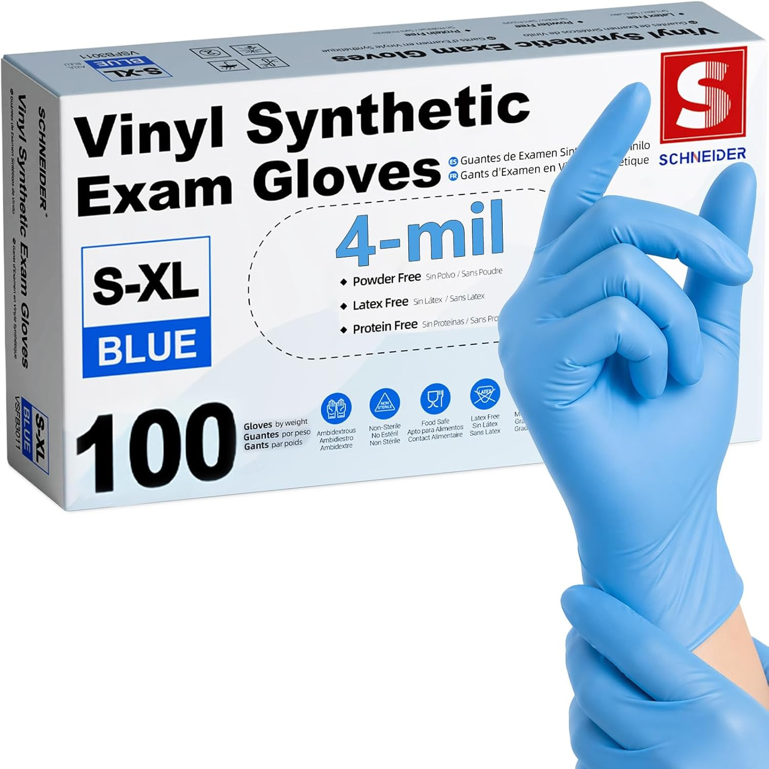 Schneider Vinyl Synthetic Exam Gloves, 4 Mil, Latex Free Disposable Gloves for M
