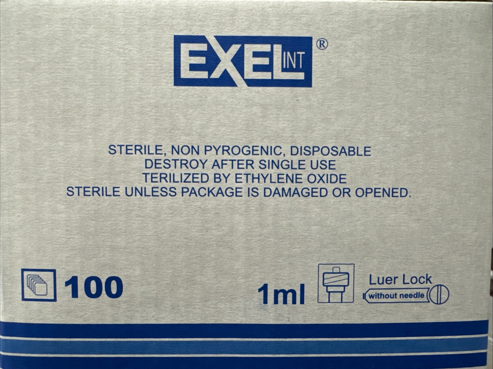 1ml Syringe Only, Luer Lock Tip, Sterile Without Needle, Exel #26050, 100/Box.