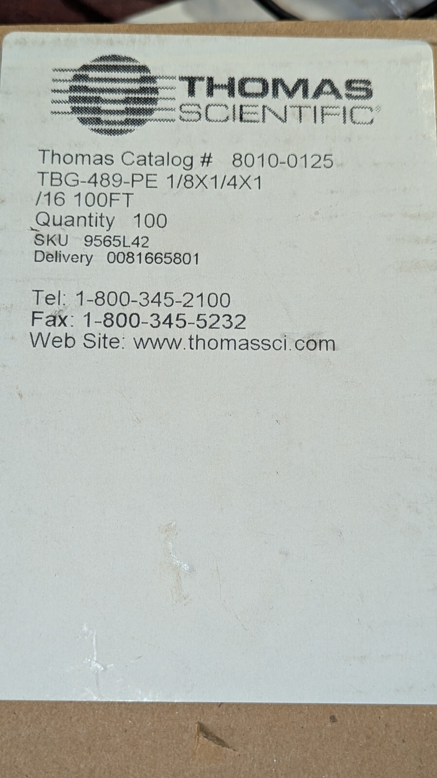 NIB 100′ Nalgene™ 489 Linear LDPE Tubing ThermoFisher 8010-0125 1/8×1/4×1/16″