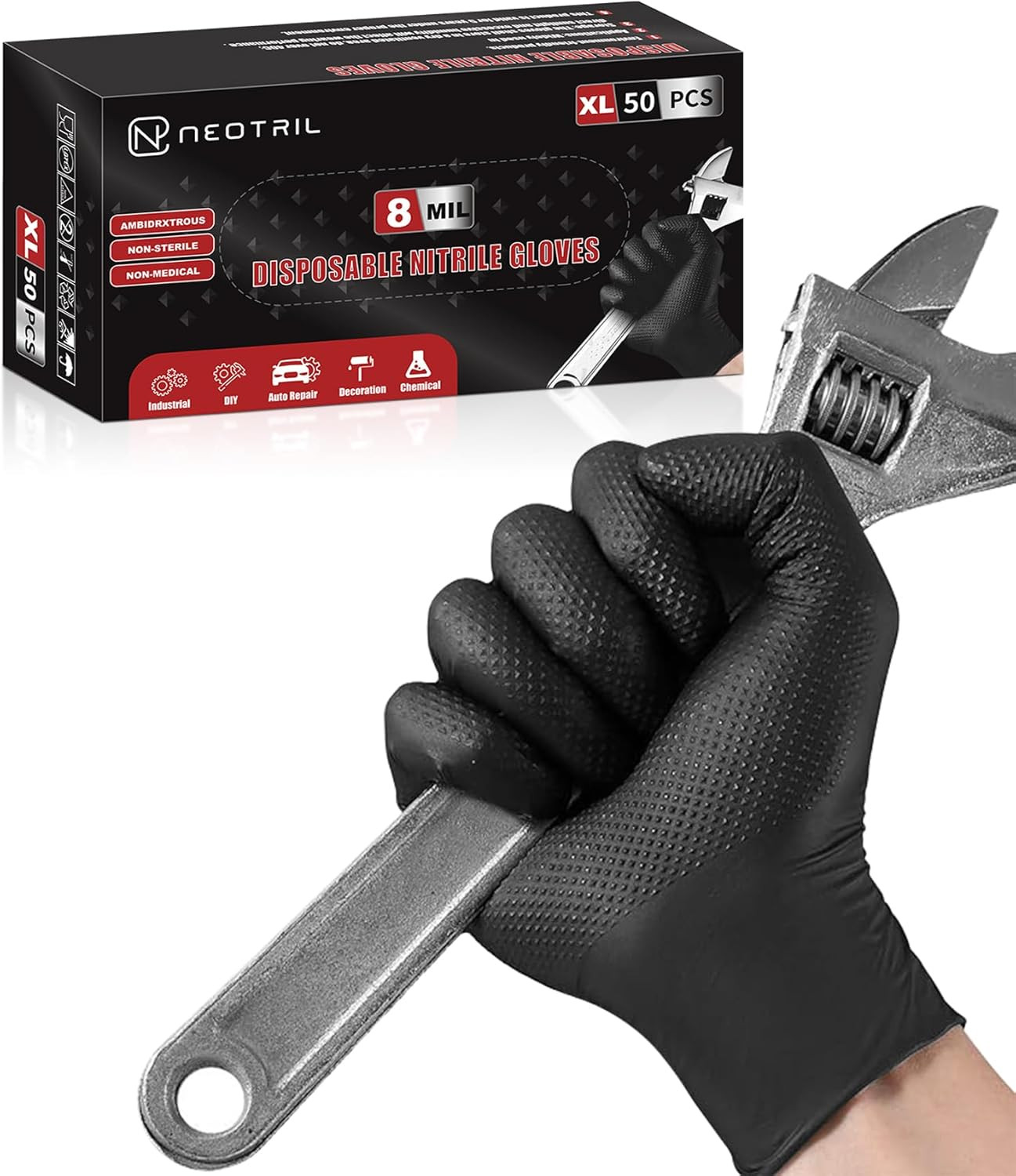 8 Mil Heavy Duty Nitrile Gloves Diamond Texture Latex Free Powder Free Large Bla