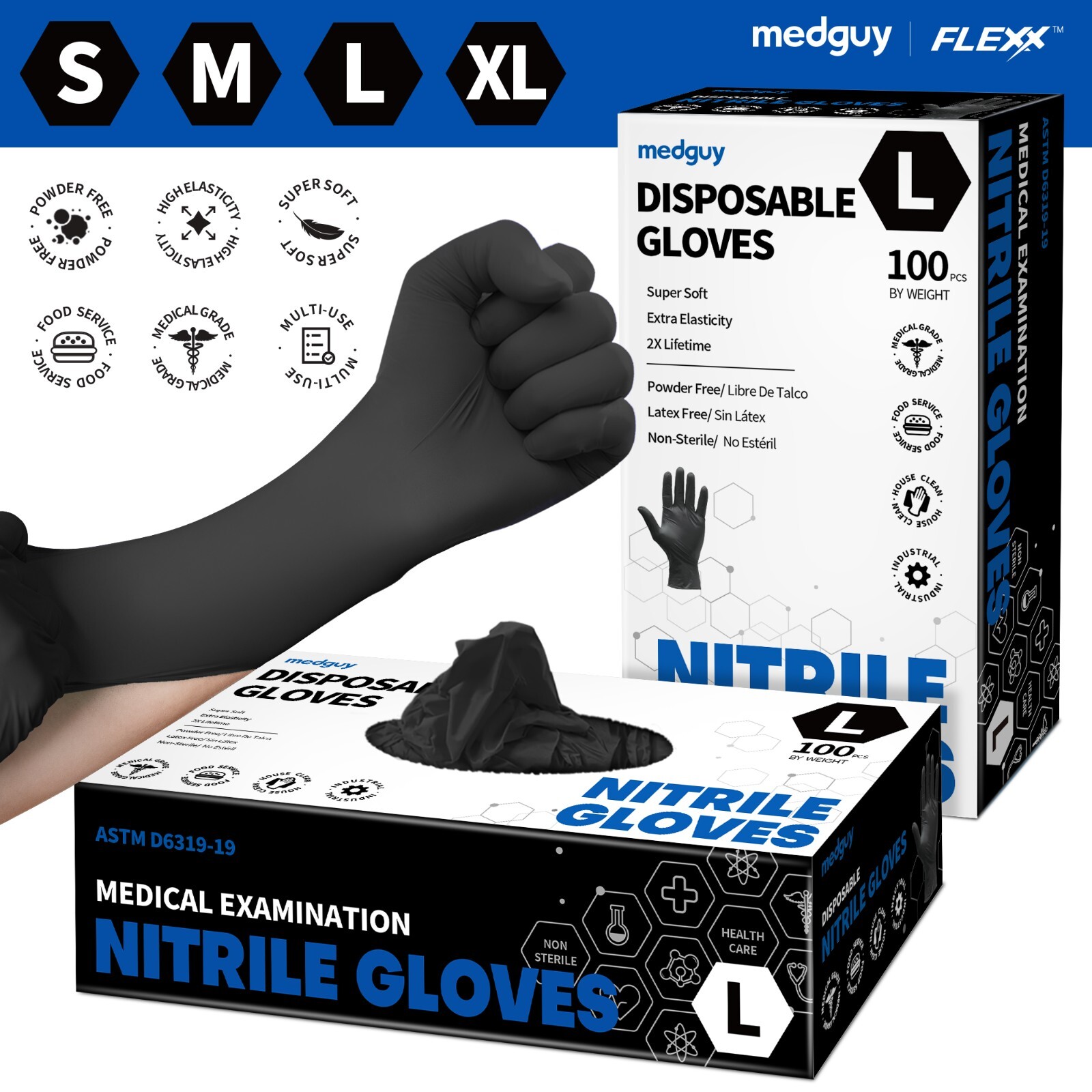 Disposable Nitrile Gloves 100 PCs 4.5 mil Black Powder-Free Food-Safe Exam Glove